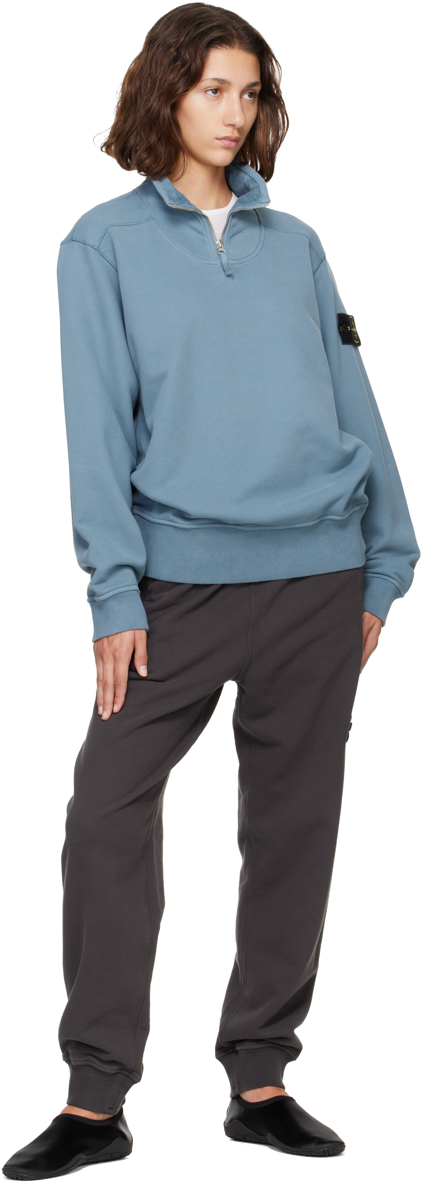 Stone Island - Pull 6100021 bleu en molleton brossé de coton bio