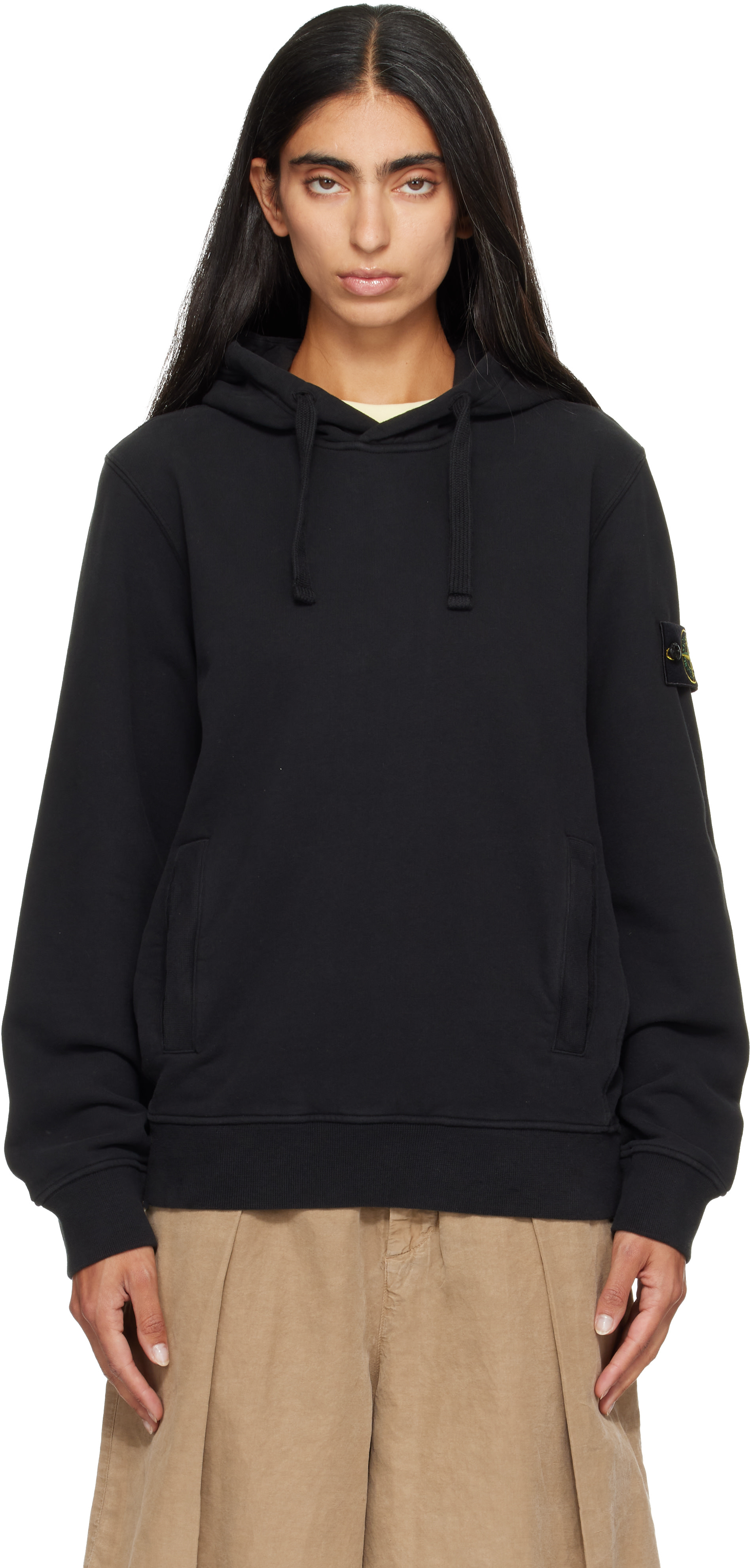 Stone Island - Pull à capuche 6100048 noir en molleton brossé de coton bio