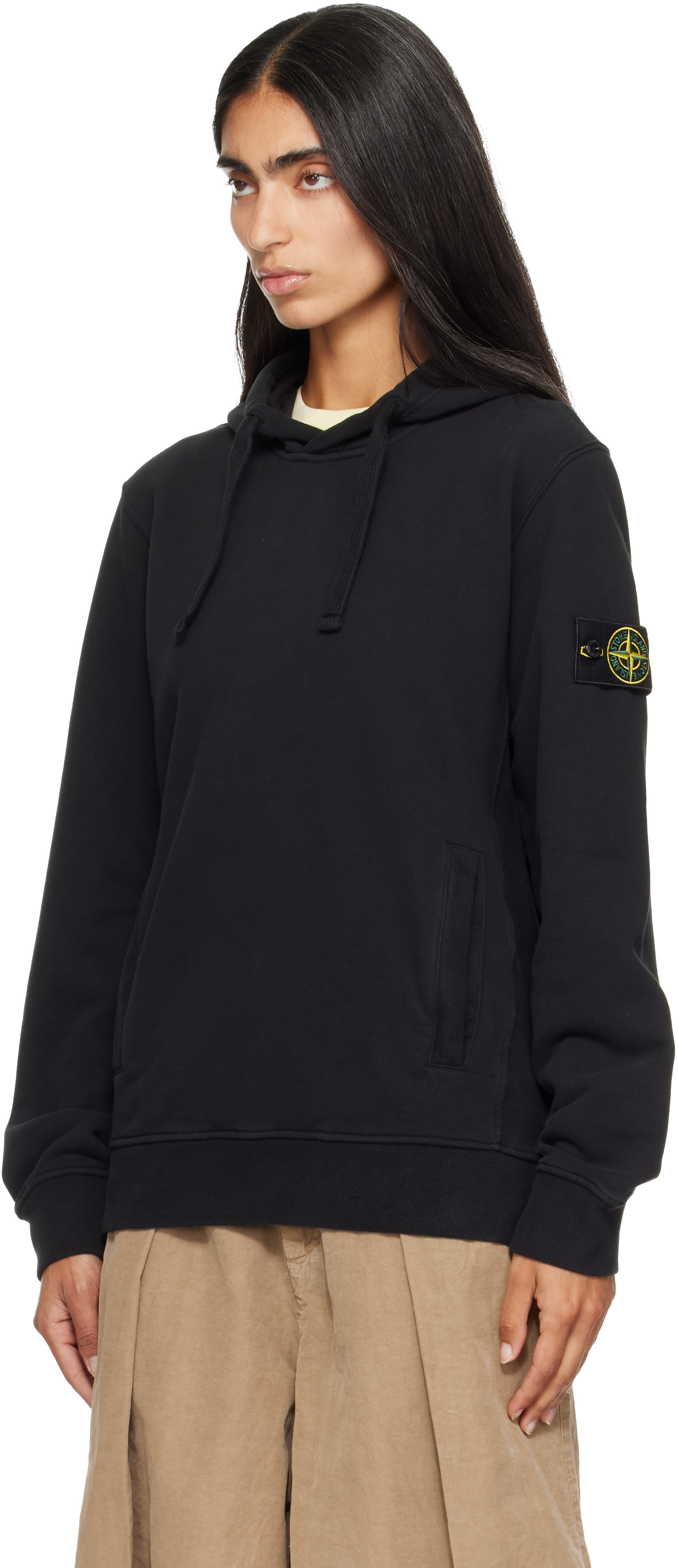 Stone Island - Pull à capuche 6100048 noir en molleton brossé de coton bio