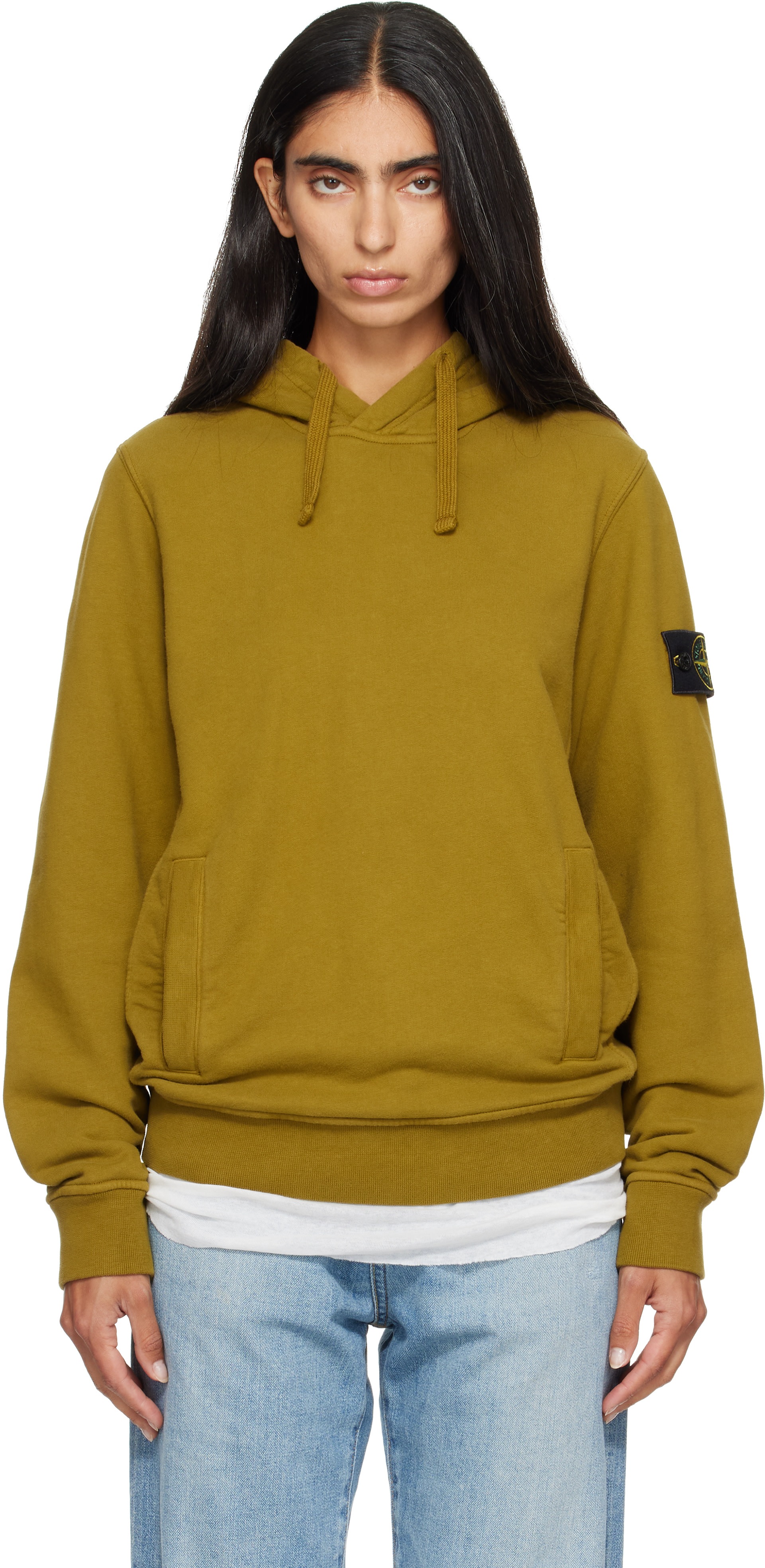 Stone Island - Pull à capuche 6100048 kaki en molleton brossé de coton bio