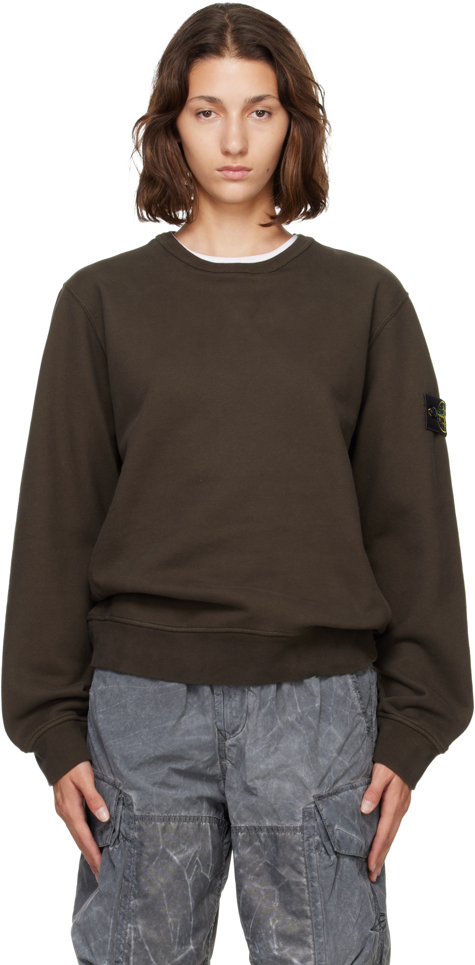 Stone Island - Pull à capuche 6100049 brun en molleton brossé de coton bio