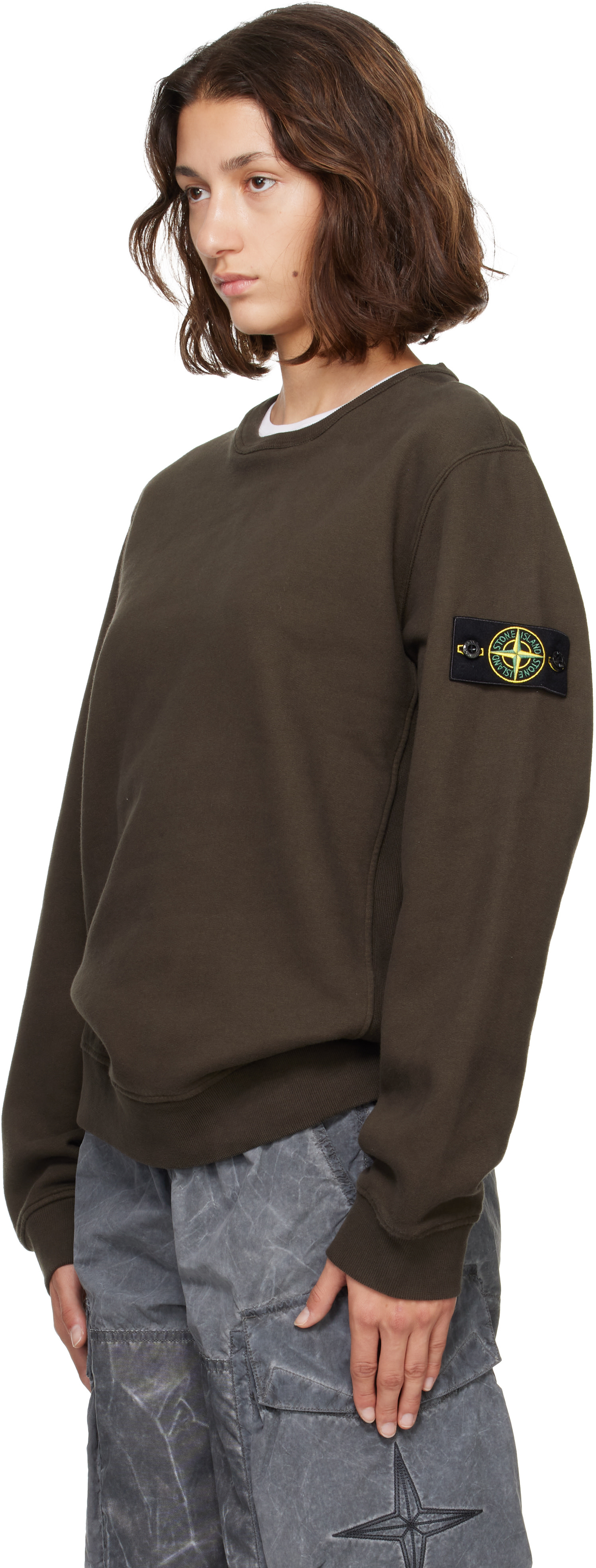 Stone Island - Pull à capuche 6100049 brun en molleton brossé de coton bio