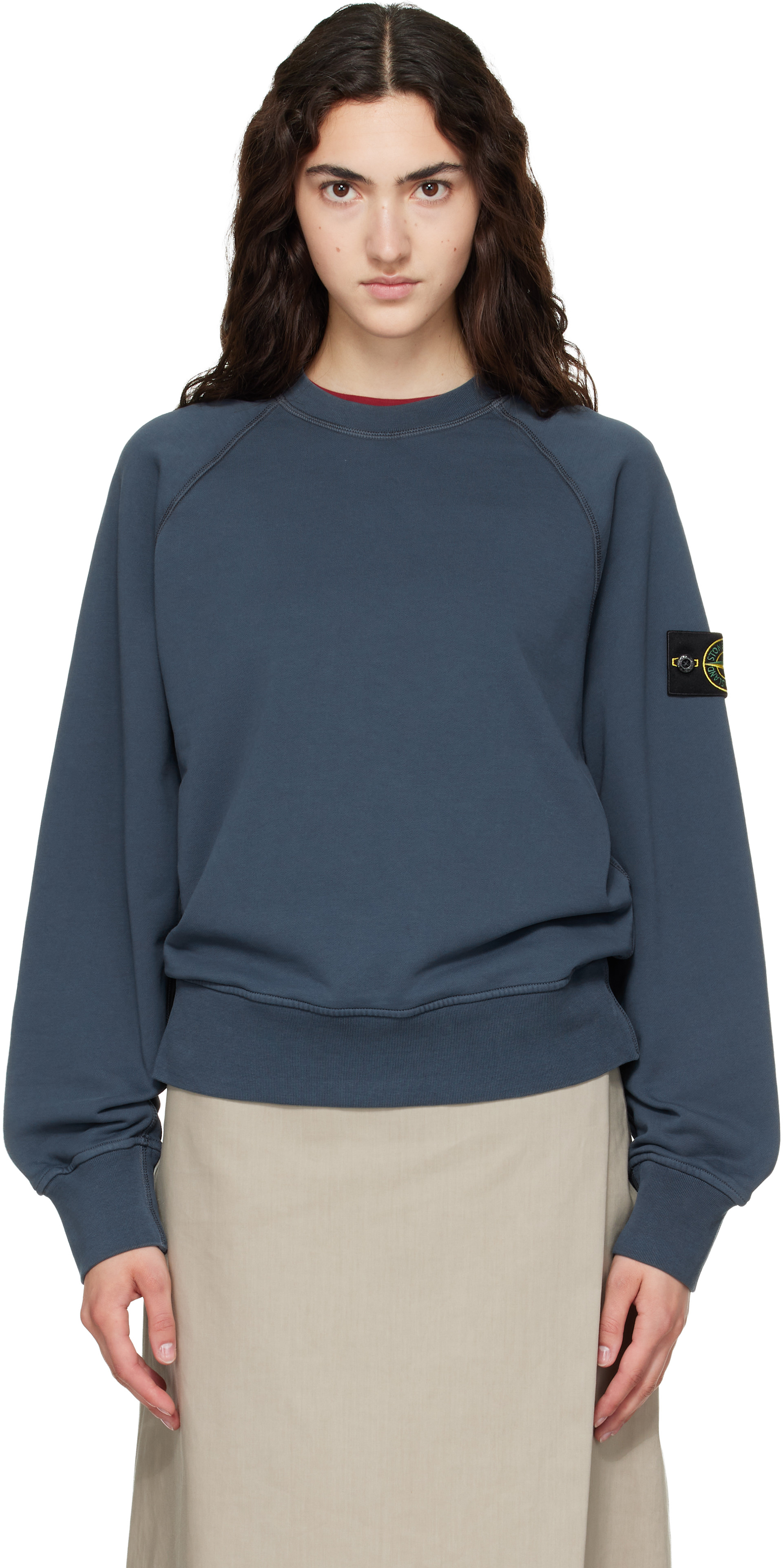 Stone Island - Pull 6100008 bleu marine en molleton de coton bio