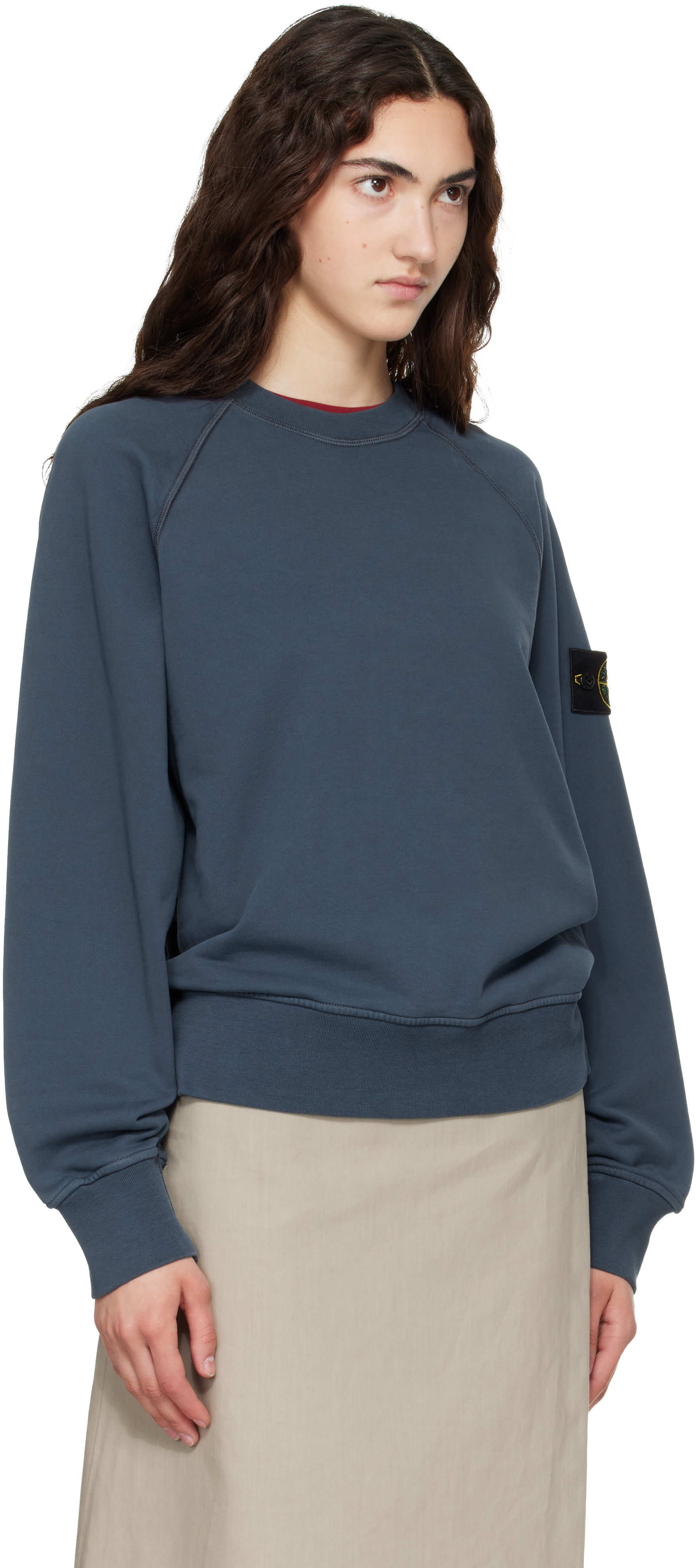 Stone Island - Pull 6100008 bleu marine en molleton de coton bio
