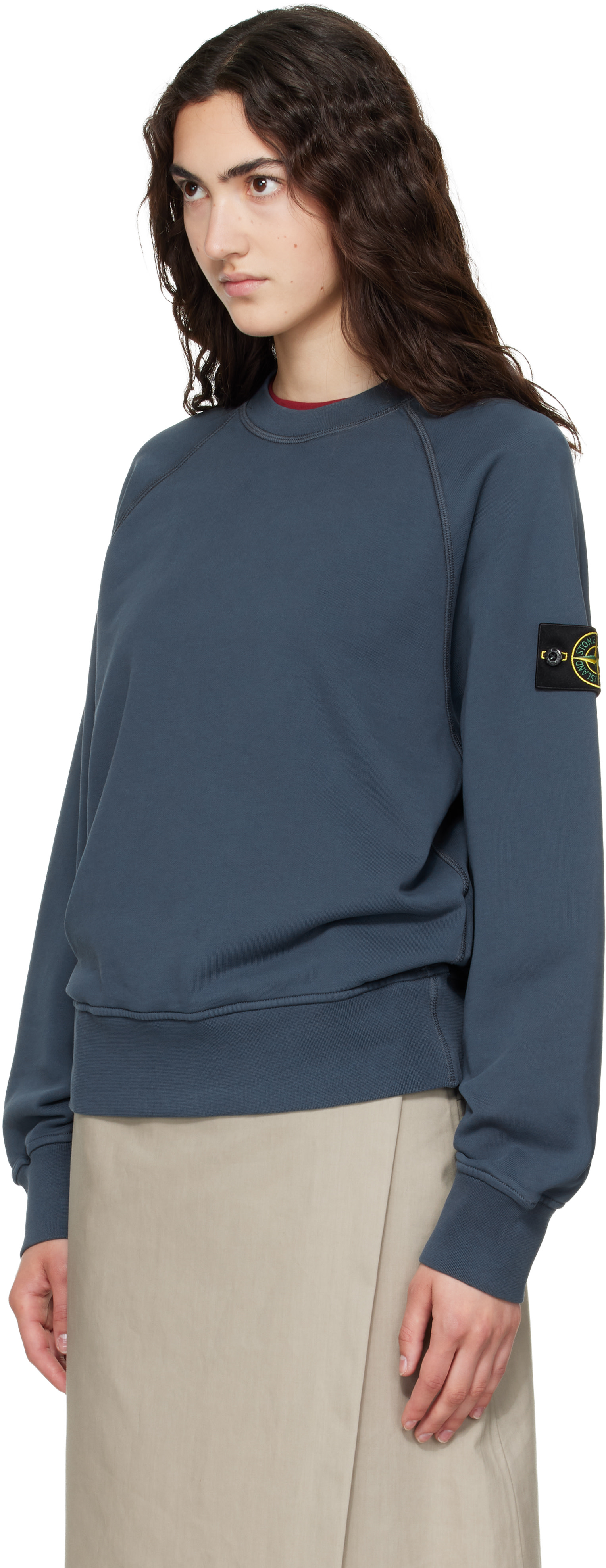 Stone Island - Pull 6100008 bleu marine en molleton de coton bio