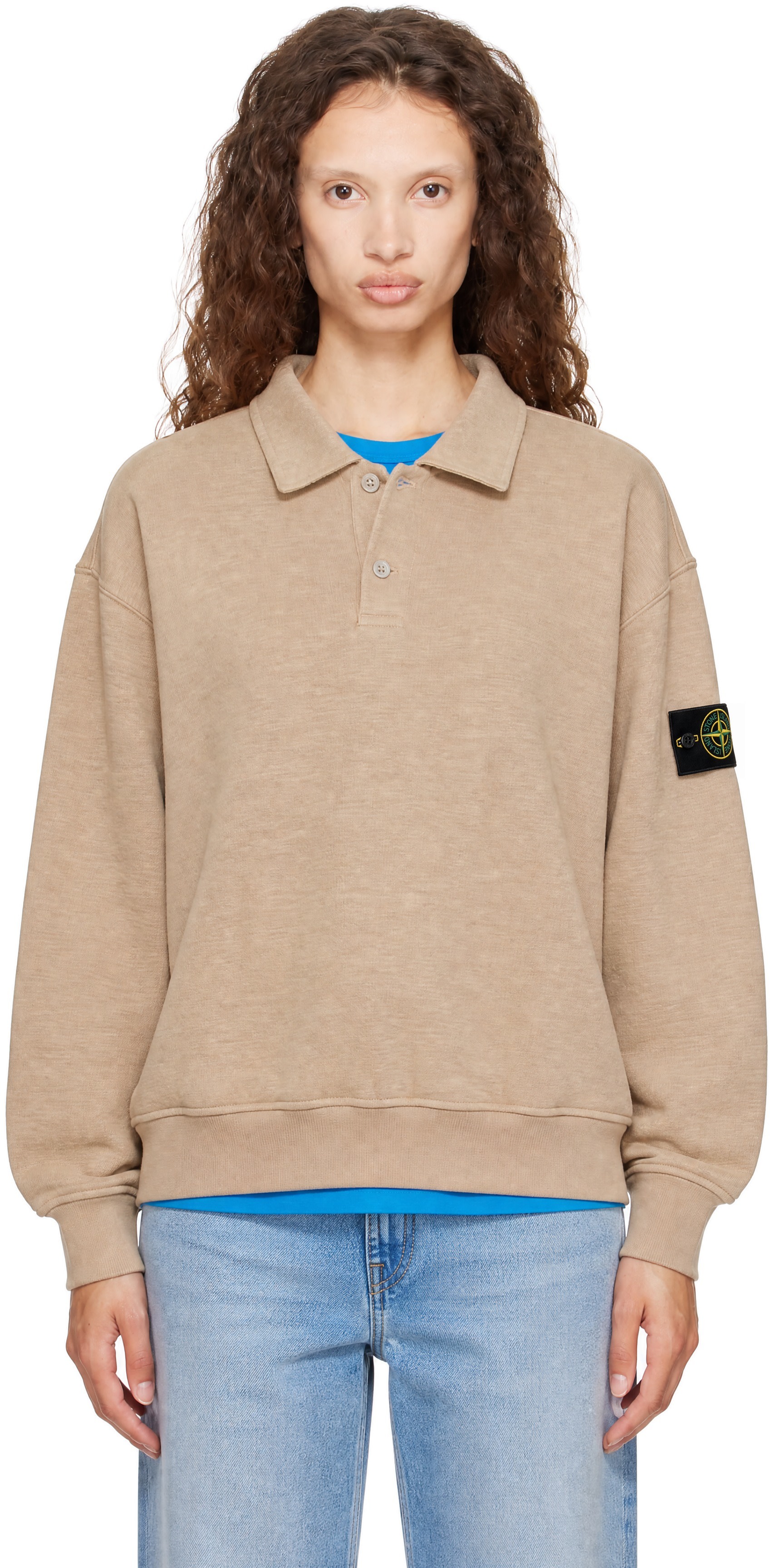 Stone Island - Pull molletonné de style polo 6100054 beige en coton