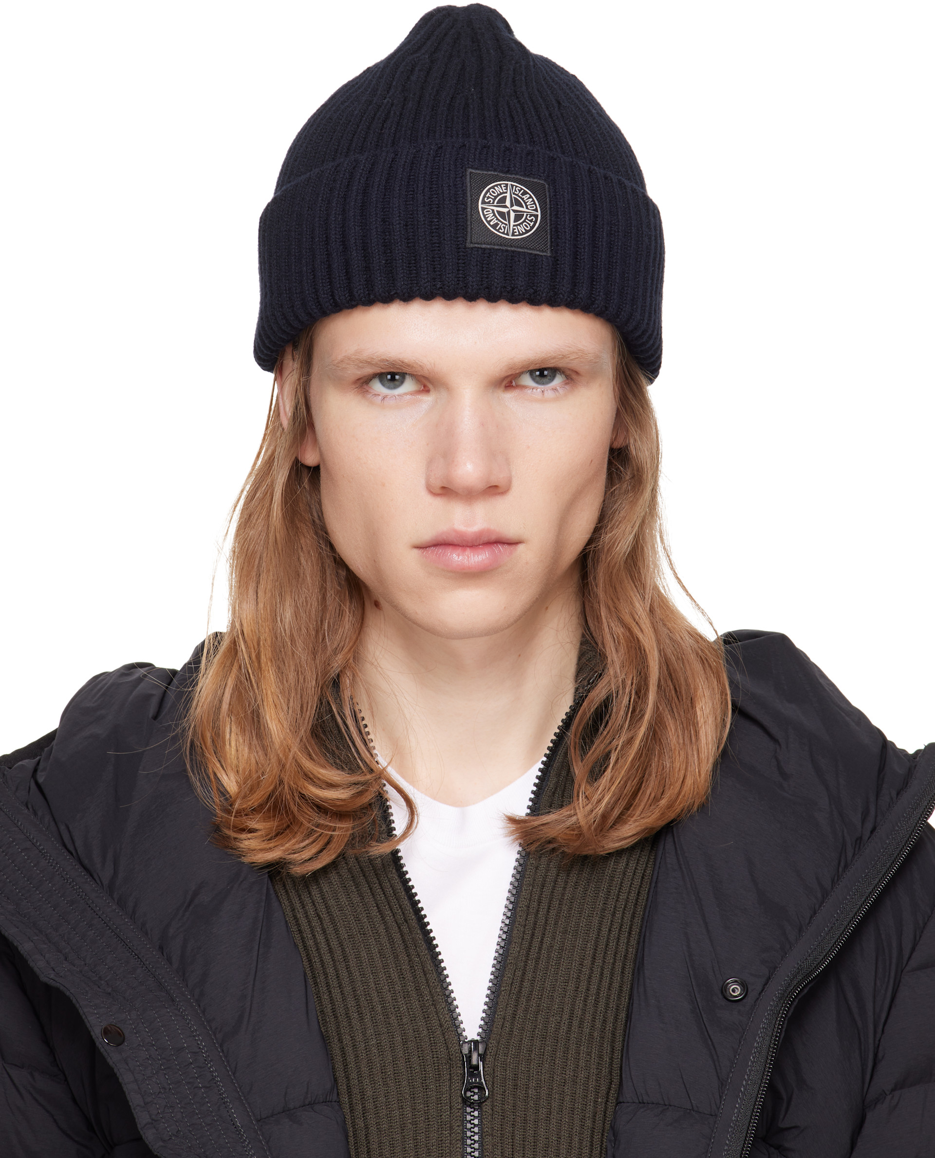 STONE  ブラック ニット帽　ビーニー Stone Island: ブラック N100002 リブ ウール ビーニー | SSENSE 日本