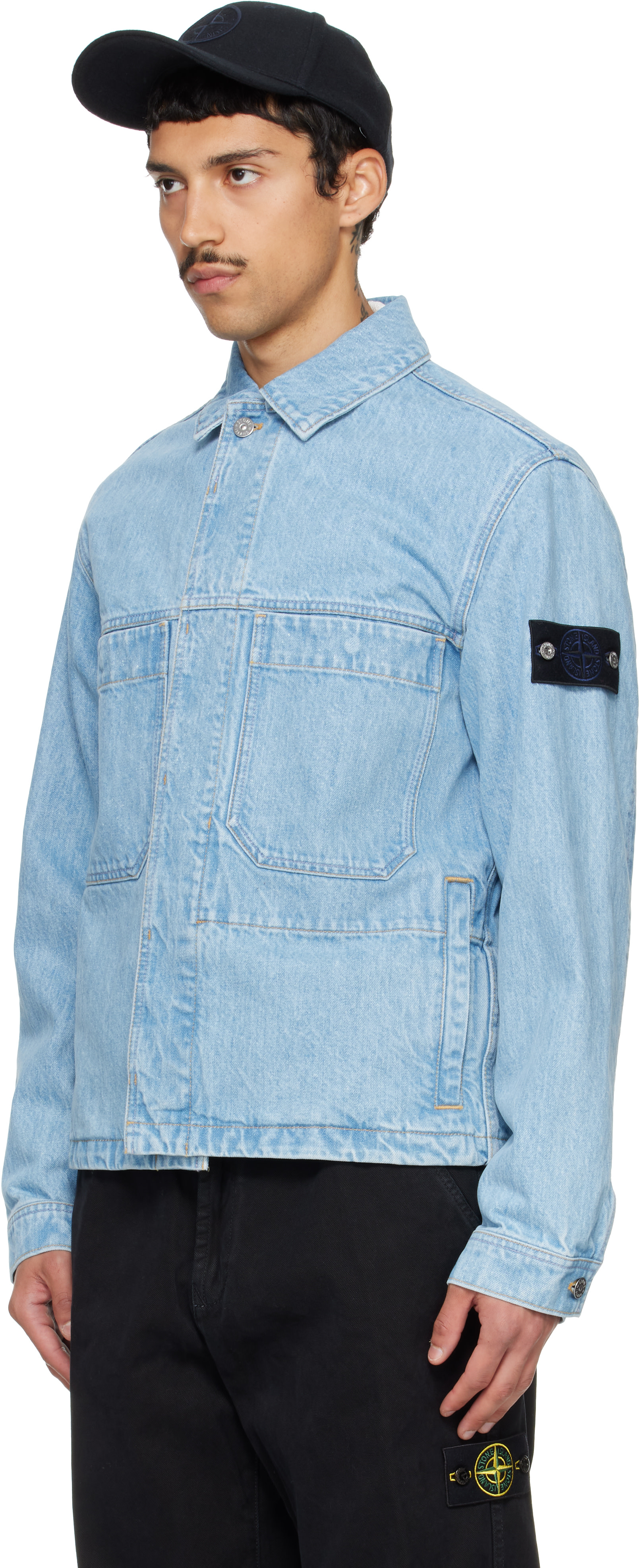 Indigo 100 Color Stone Island: Blue 4100006 Grainy Wash Indigo Denim Jacket | SSENSE ...