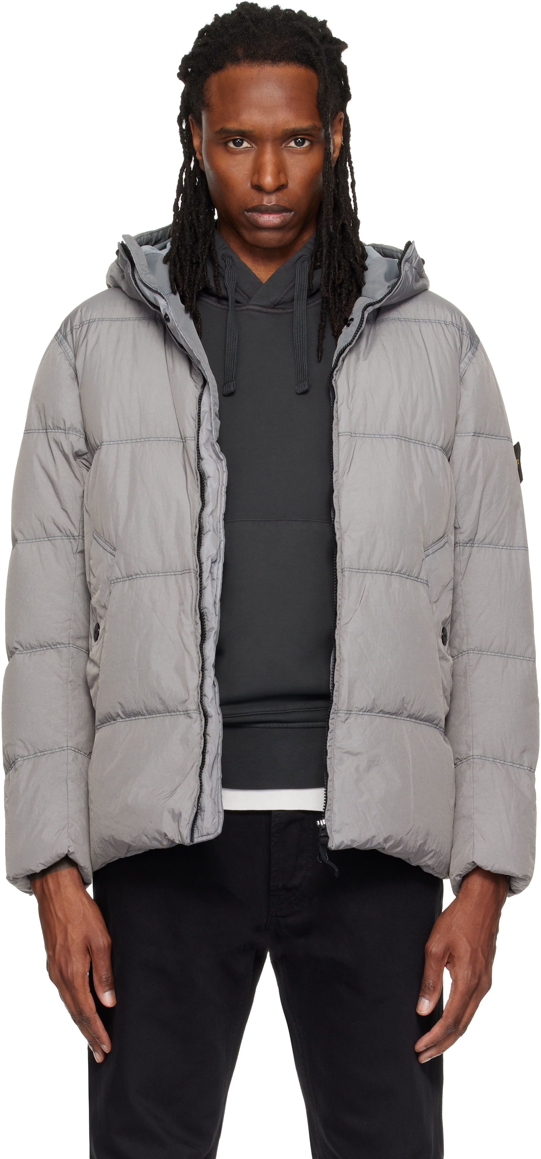 Ryou42　stone  ダウン 3house着用 同型同色 Stone Island: Gray 4100037 Crinkle Reps NY Down Jacket | SSENSE Canada