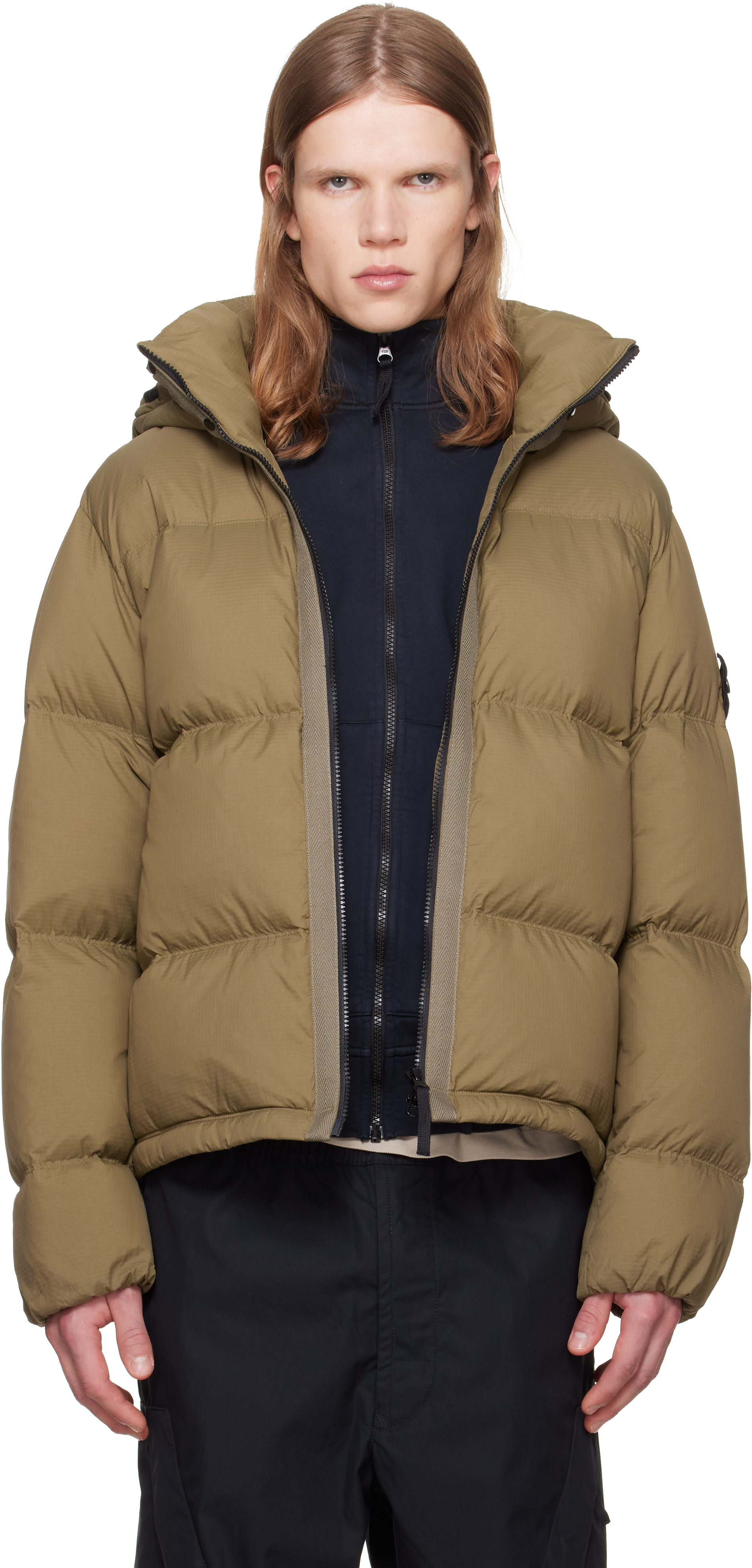 Stone Island: Khaki 4100013 Matt Cordura Advanced Down Jacket | SSENSE