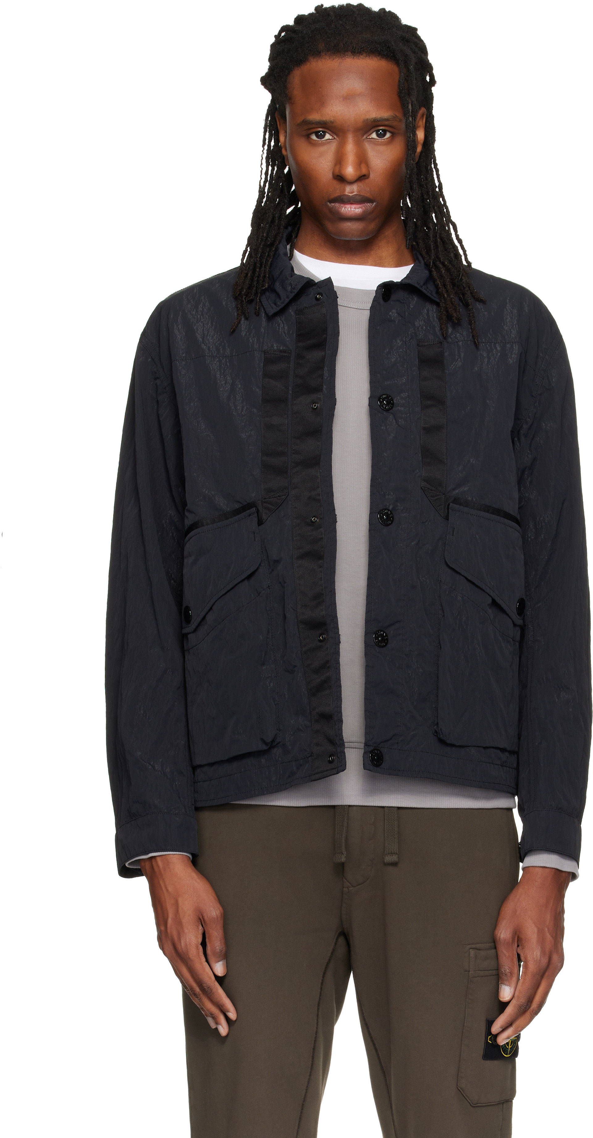 URUウルBUTTONLESSJACKET  20SCFS01 Stone Island: Black Q100008 Warp Rib Nylon-TC Jacket | SSENSE