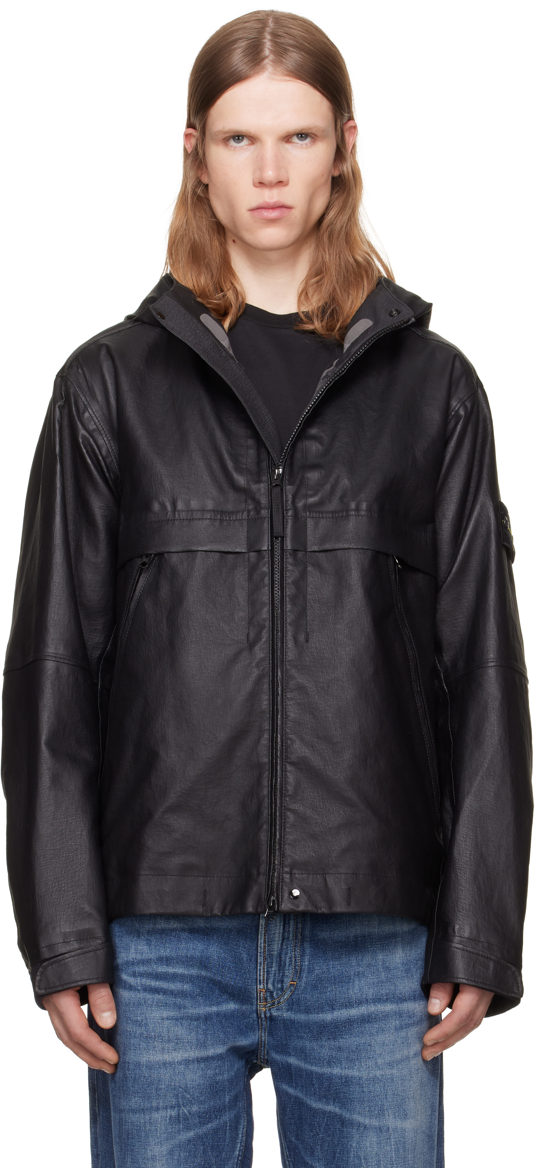 STONE  ブラックレザージャケット Stone Island: ブラック 0100001 Organza レザージャケット | SSENSE 日本