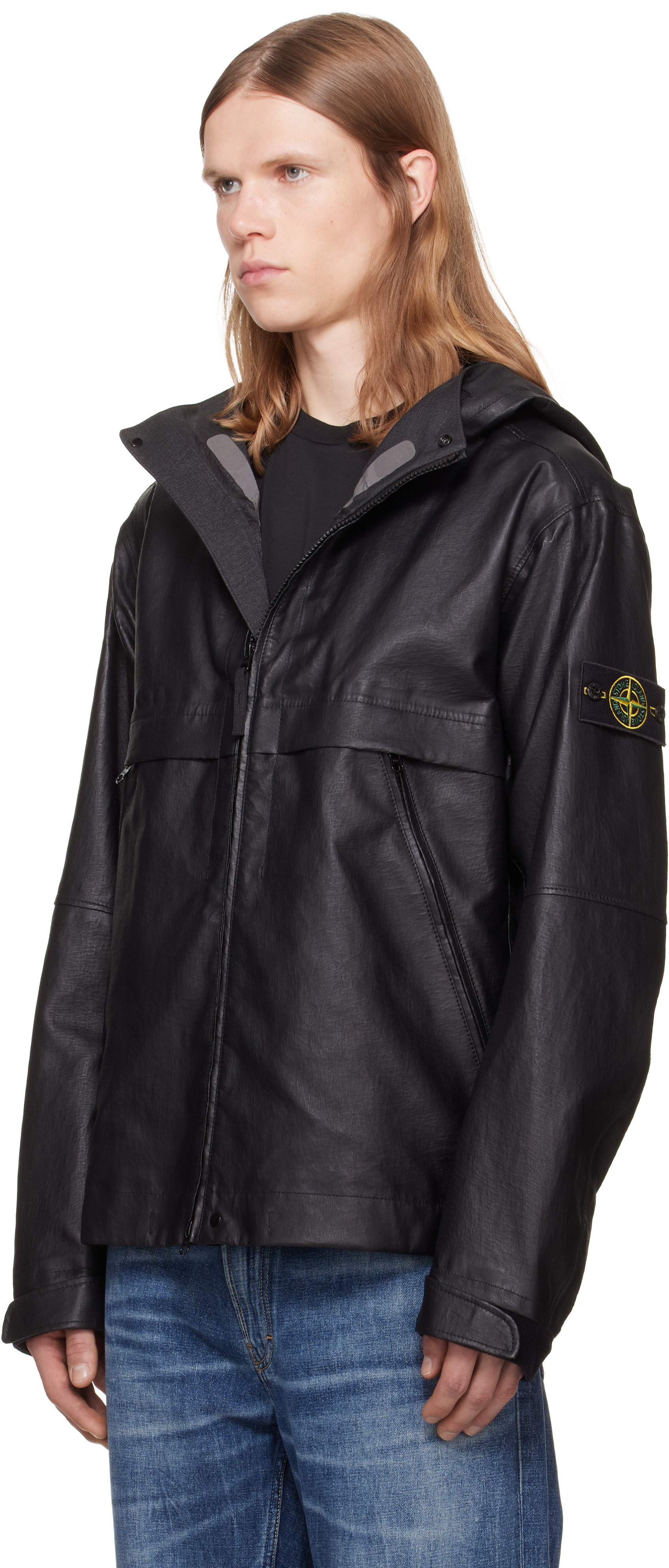 Stone Island: ブラック 0100001 Organza レザージャケット | SSENSE 日本
