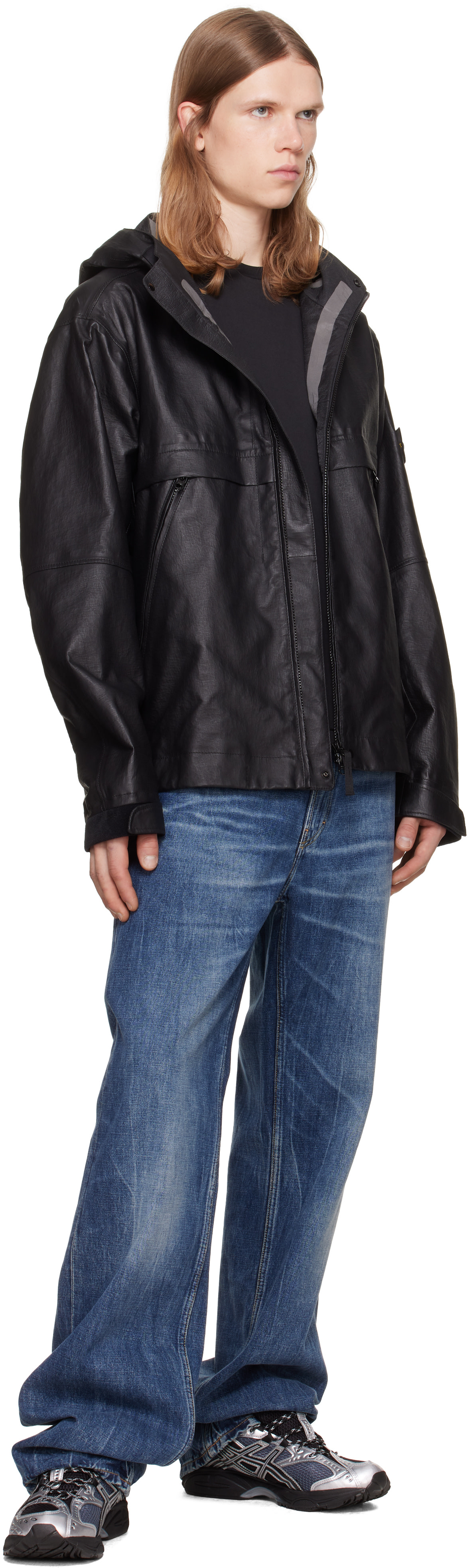 STONE  ブラックレザージャケット Stone Island: ブラック 0100001 Organza レザージャケット | SSENSE 日本
