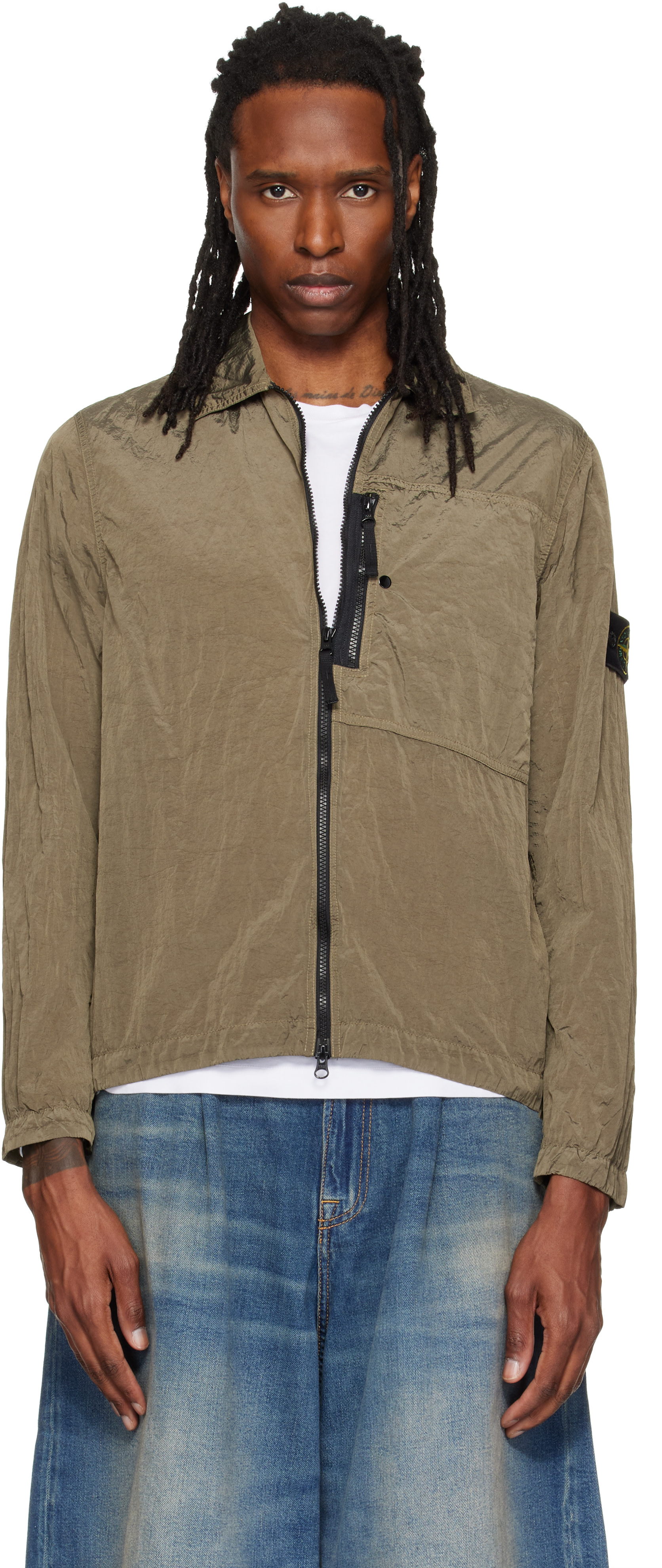 Stone Island: Khaki 1200041 Nylon Metal Overshirt | SSENSE Canada