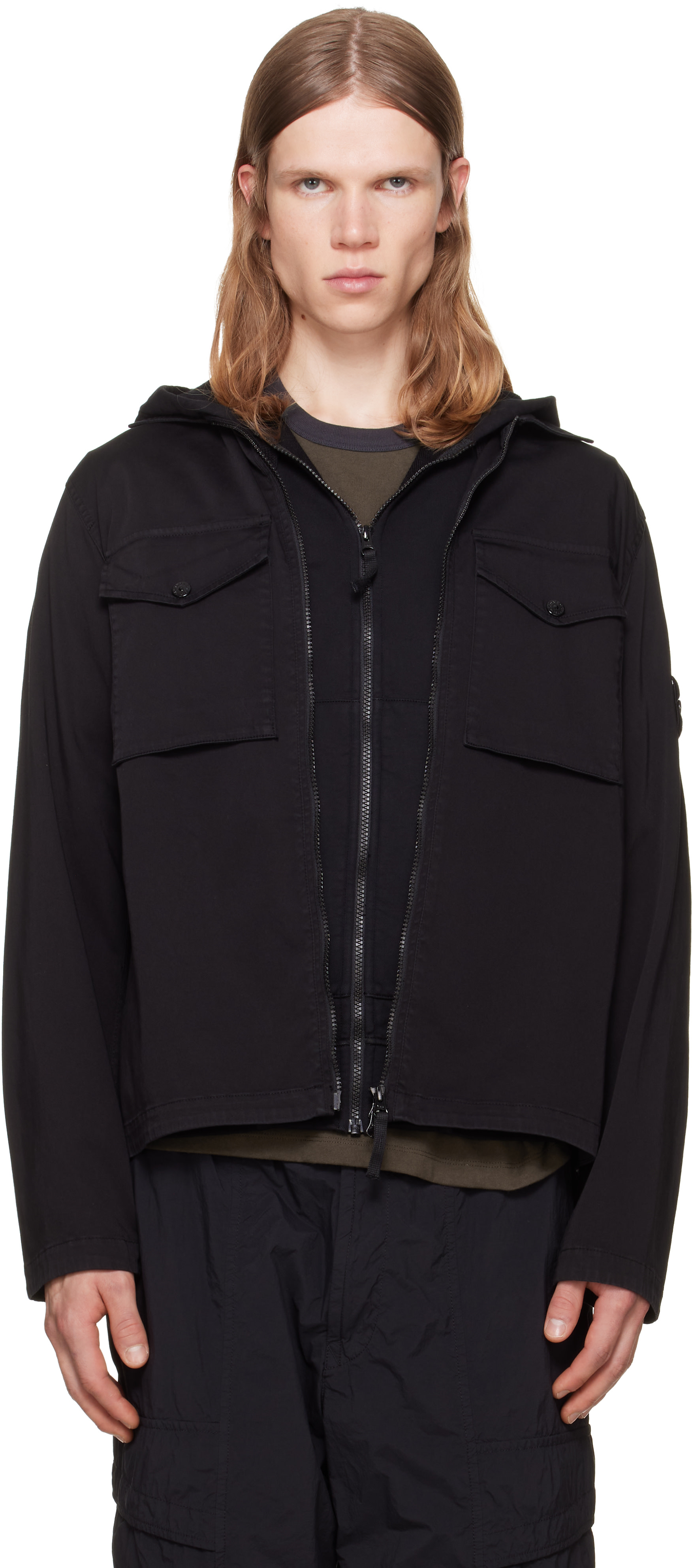 STONE コットンツイルストレッチTCオーバーシャツ Stone Island: ブラック 1200010 Cotton Organic Satin オーバーシャツ