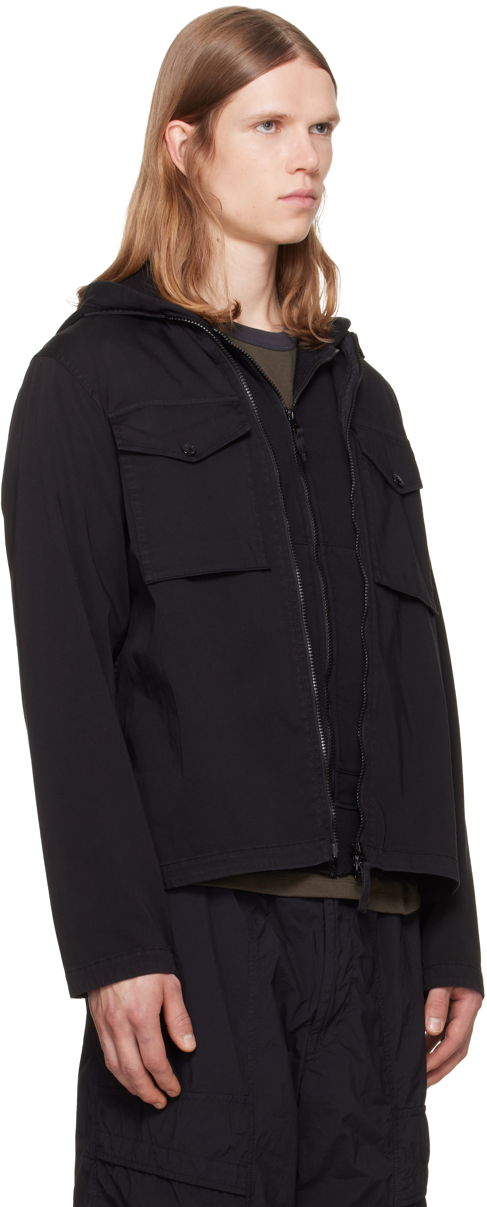 Stone Island: ブラック 1200010 Cotton Organic Satin オーバーシャツ Stone Island: ブラック 1200010 Cotton Organic Satin オーバーシャツ