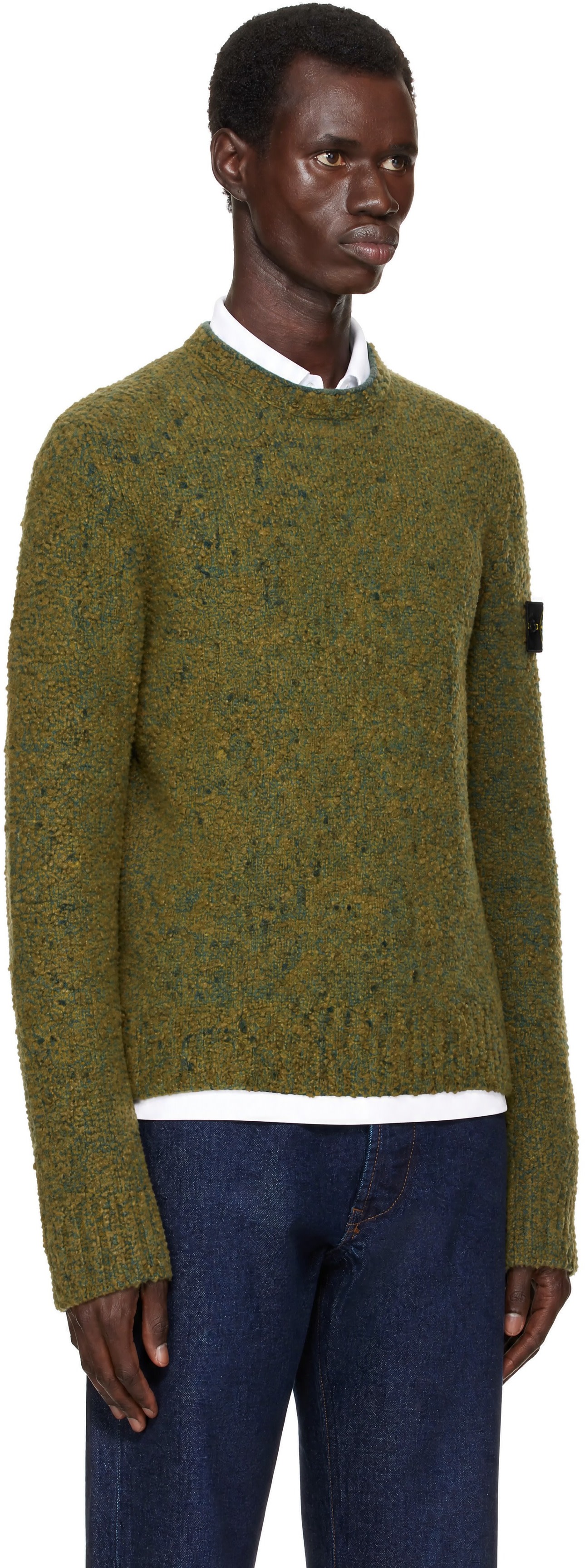 STONE  ニット カーキ Stone Island: Green 5100031 Speckled Wool Nylon Sweater | SSENSE