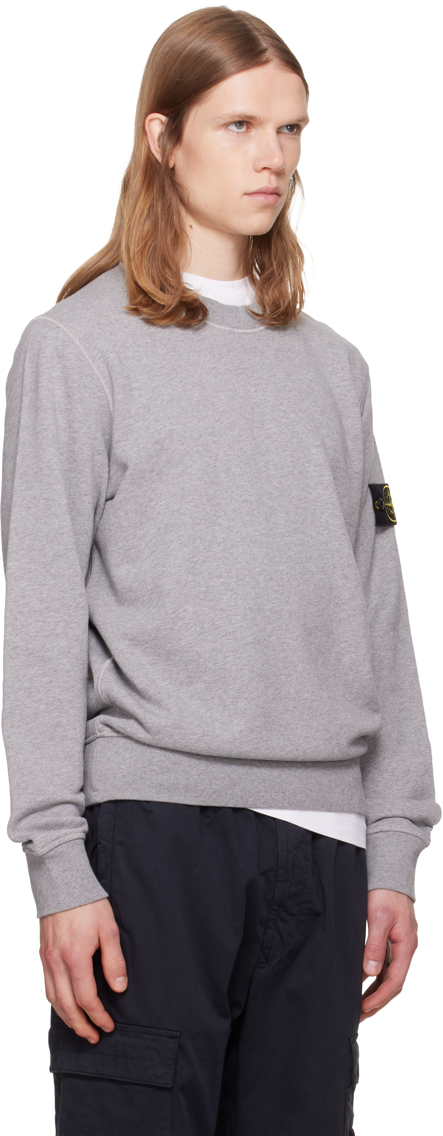 Stone Island - Pull molletonné gris en molleton de coton bio