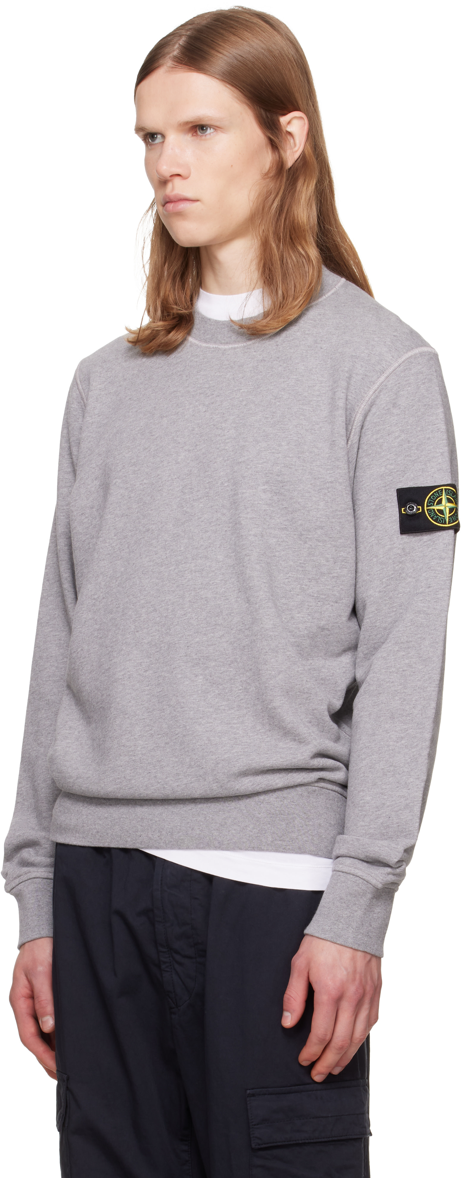 Stone Island - Pull molletonné gris en molleton de coton bio