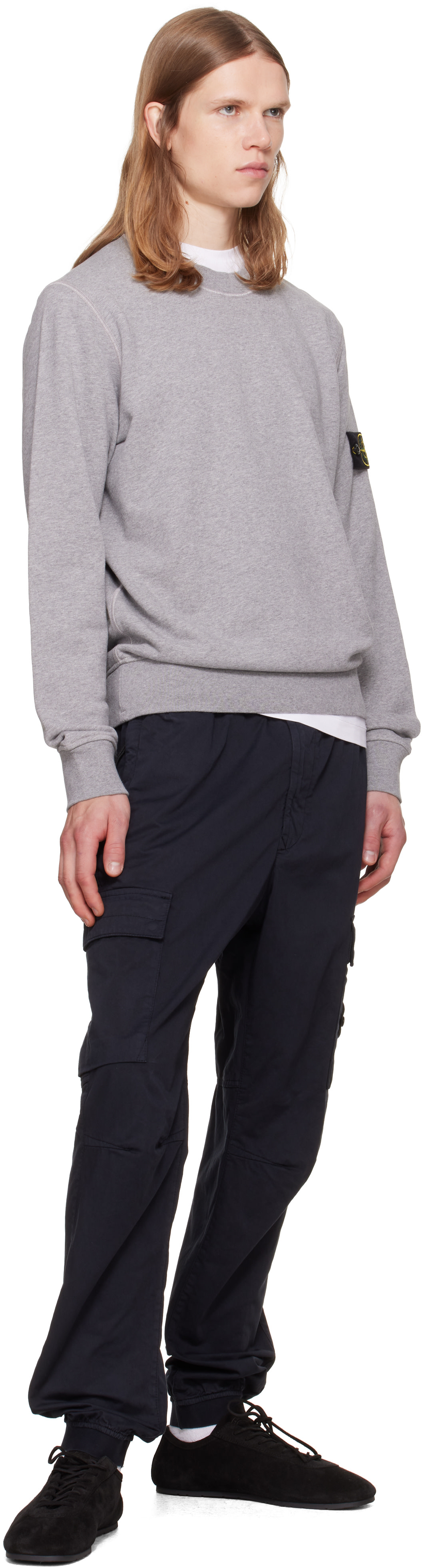 Stone Island - Pull molletonné gris en molleton de coton bio