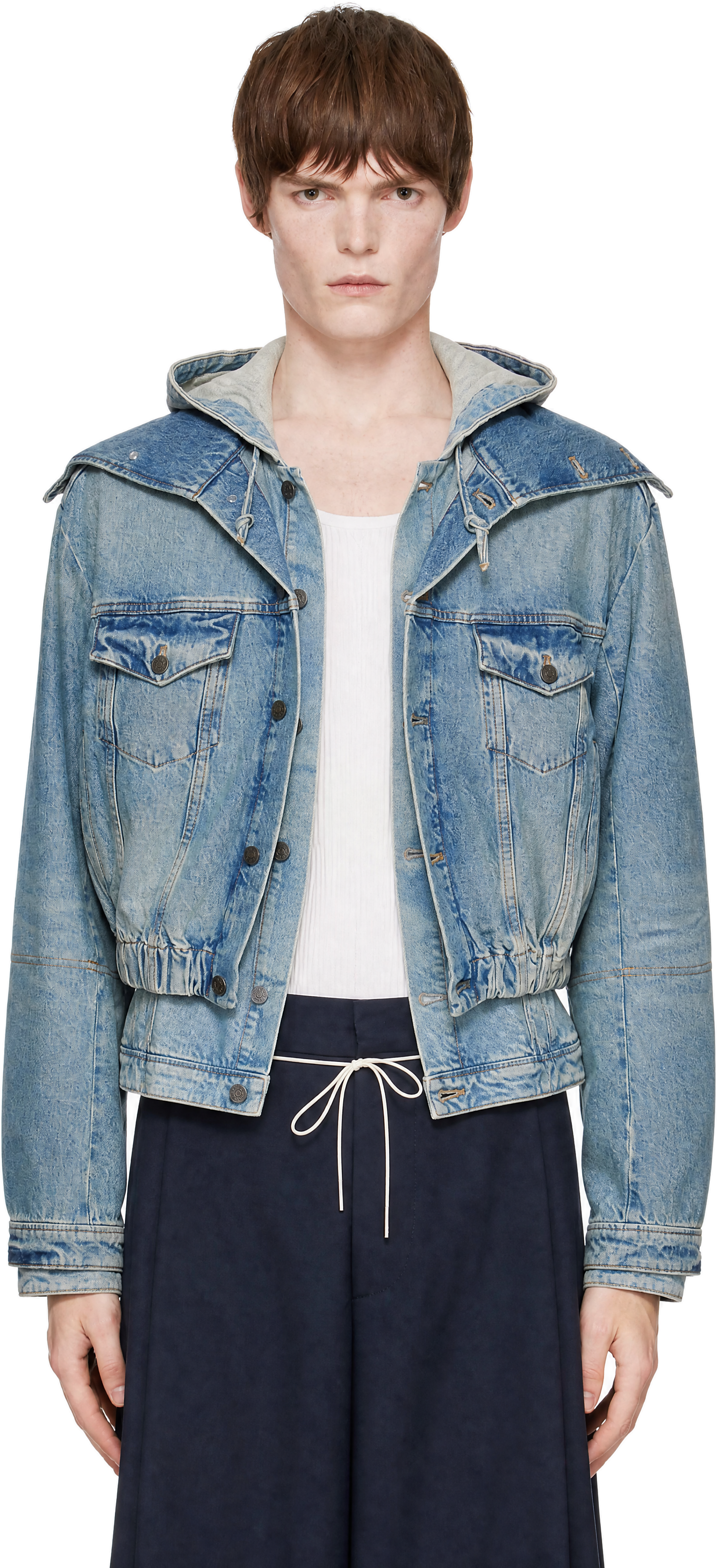 EGONlab - Blue Hooded Denim Bomber Jacket