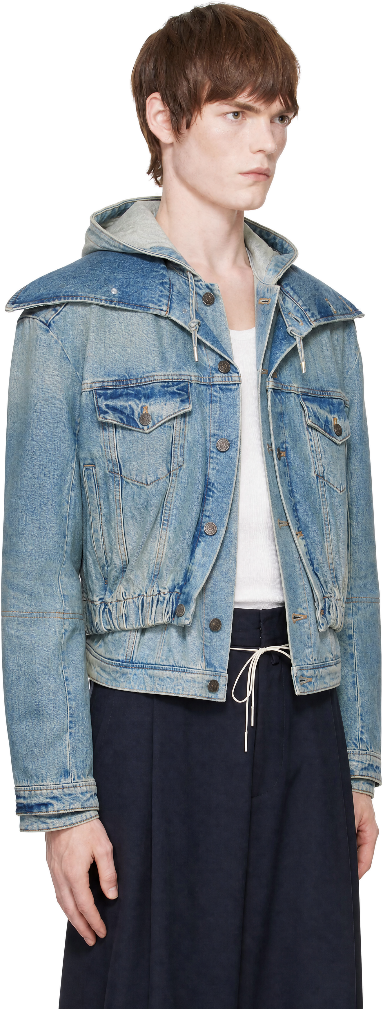 EGONlab - Blue Hooded Denim Bomber Jacket