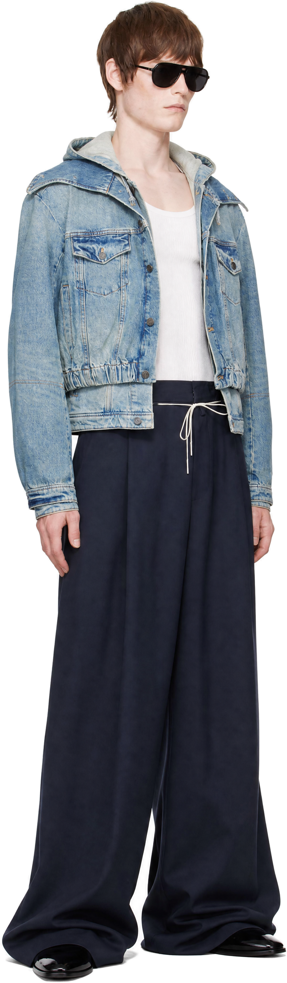 EGONlab - Blue Hooded Denim Bomber Jacket