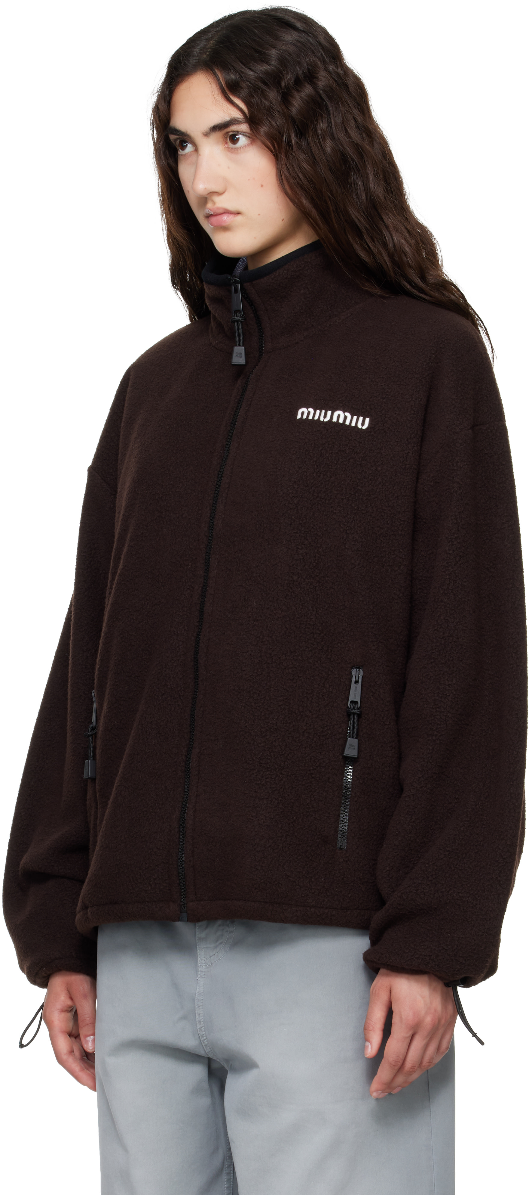Miu Miu - Blouson brun en molleton à glissière