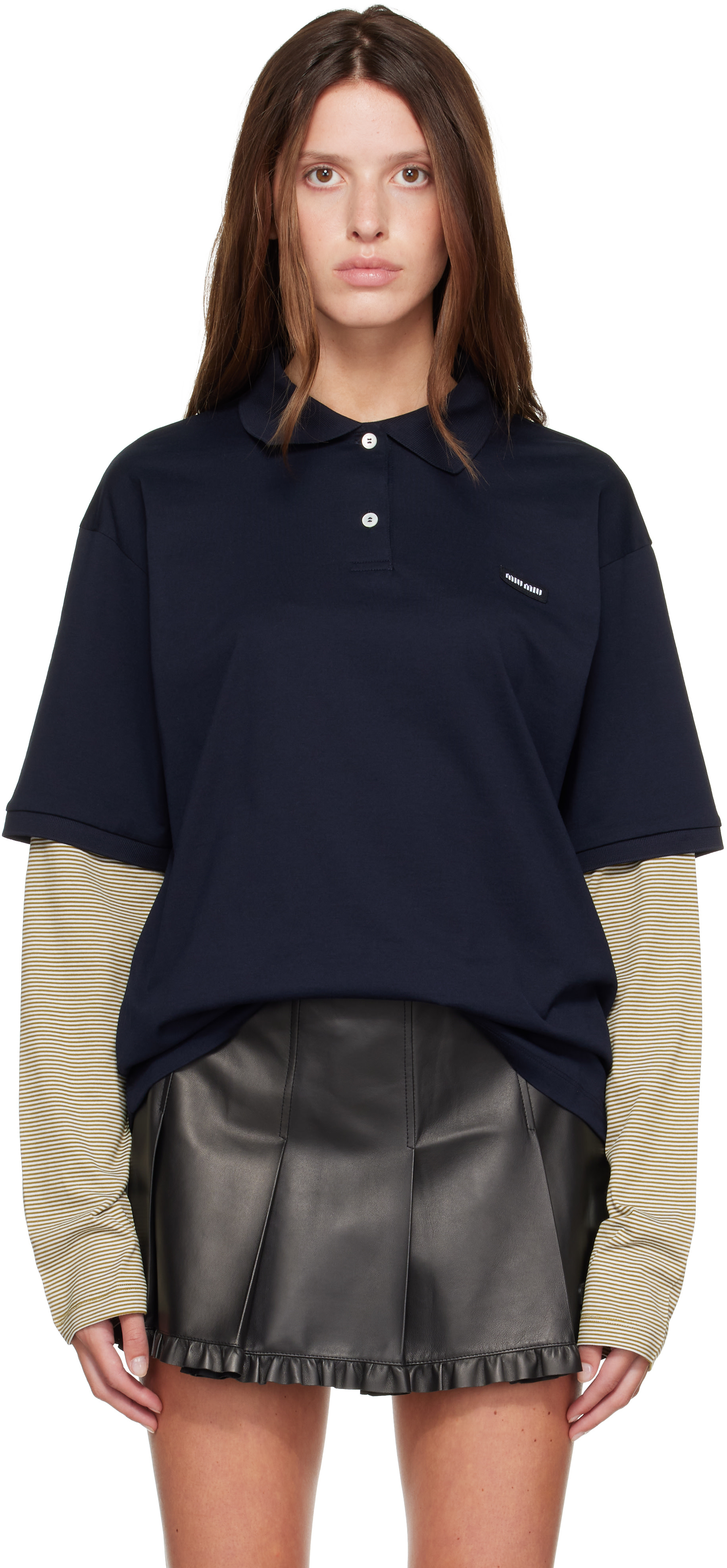 Miu Miu: Navy & Khaki Jersey Polo | SSENSE Canada