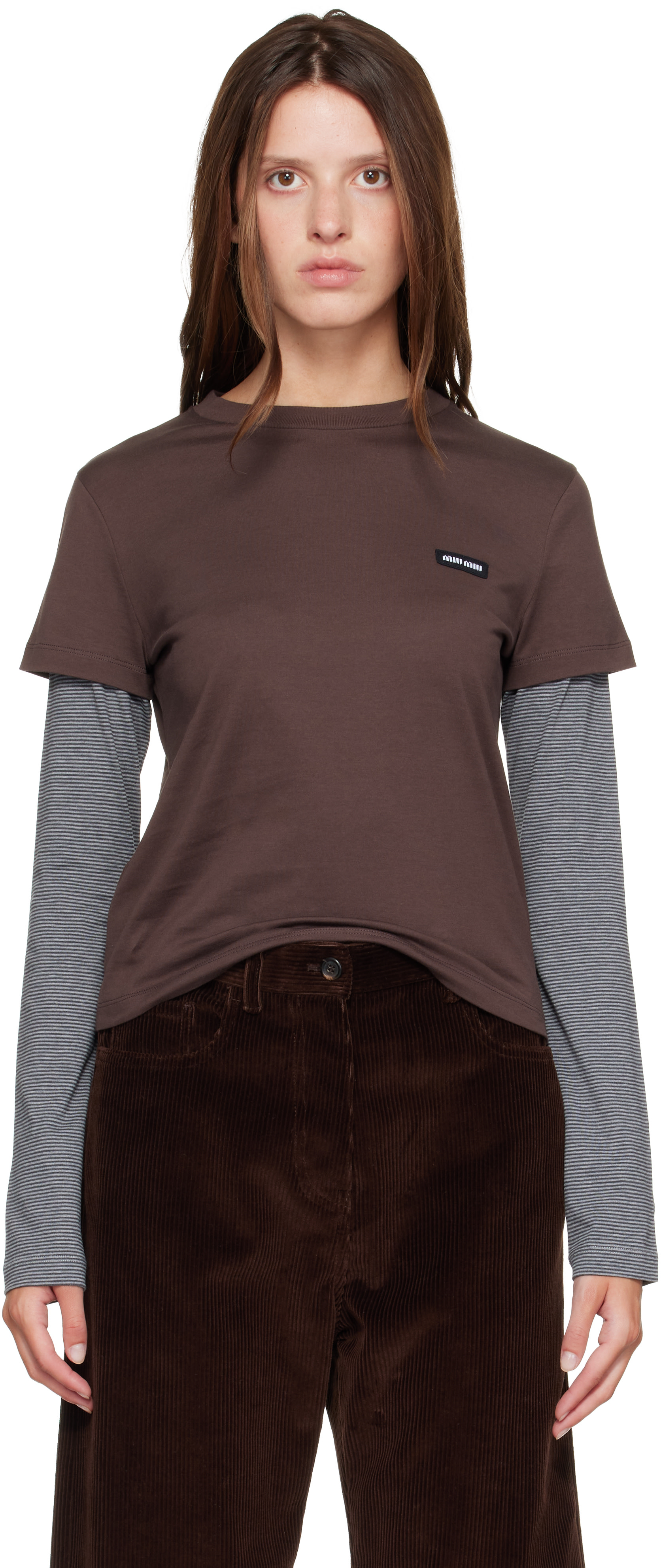 Miu Miu: Brown & Gray Jersey T-shirt | SSENSE Canada