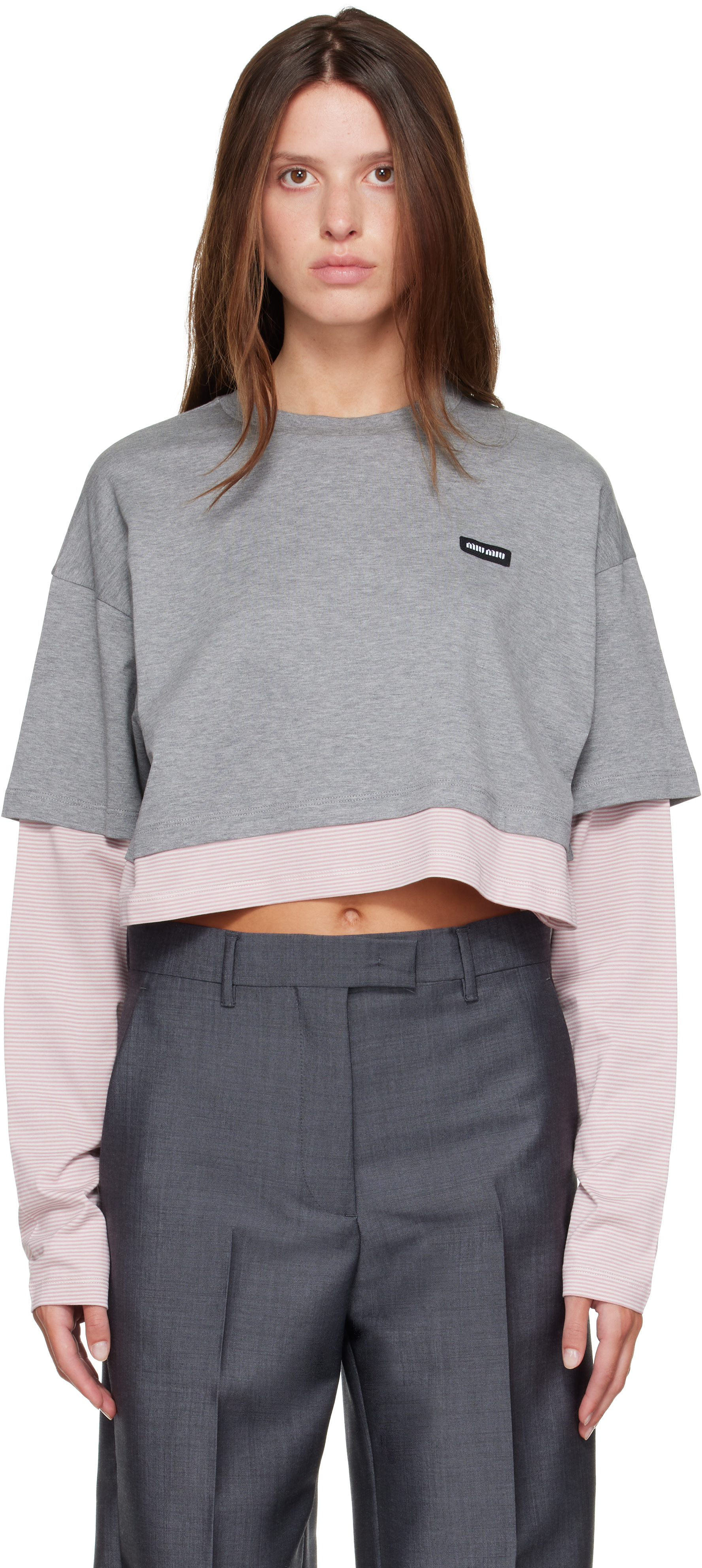 Miu Miu: Gray & Pink Cotton Jersey T-shirt | SSENSE Canada