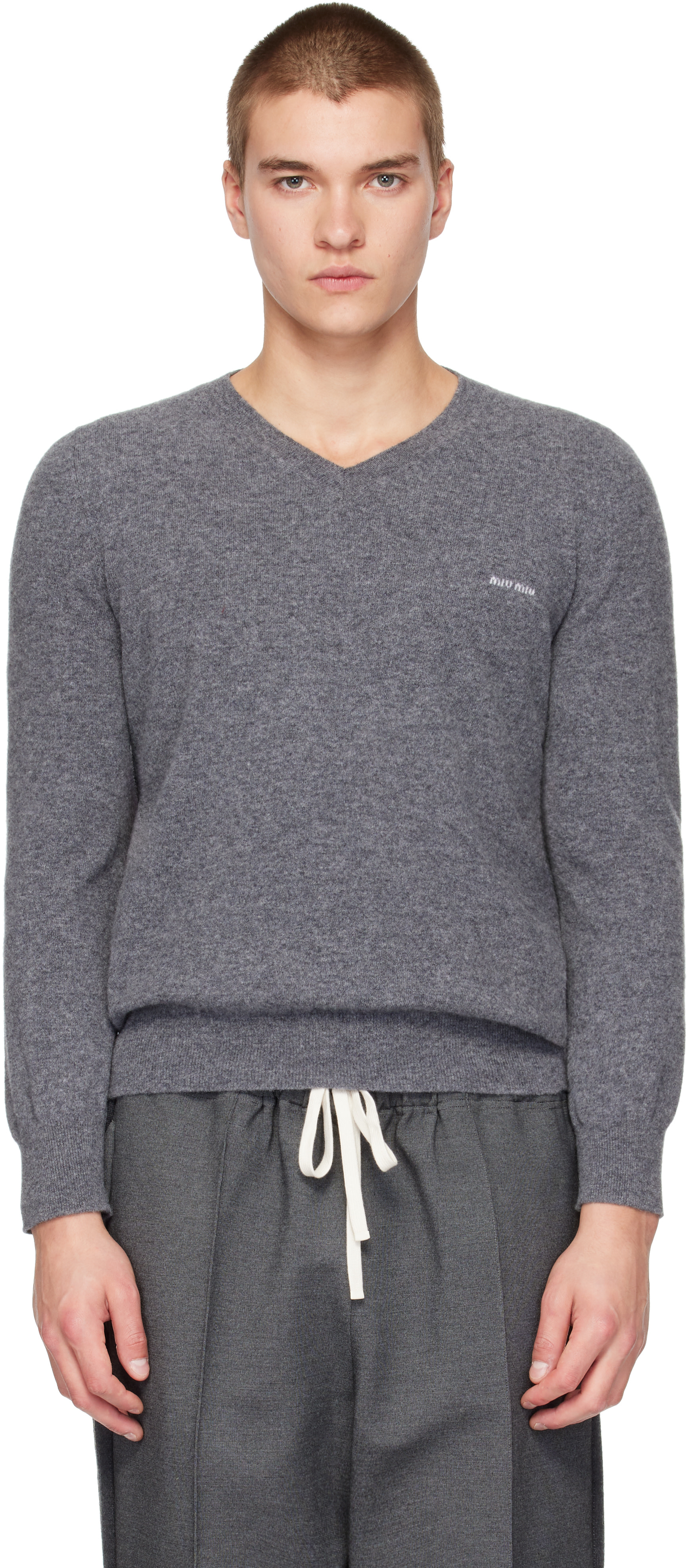 Miu Miu - Gray V-Neck Wool Sweater