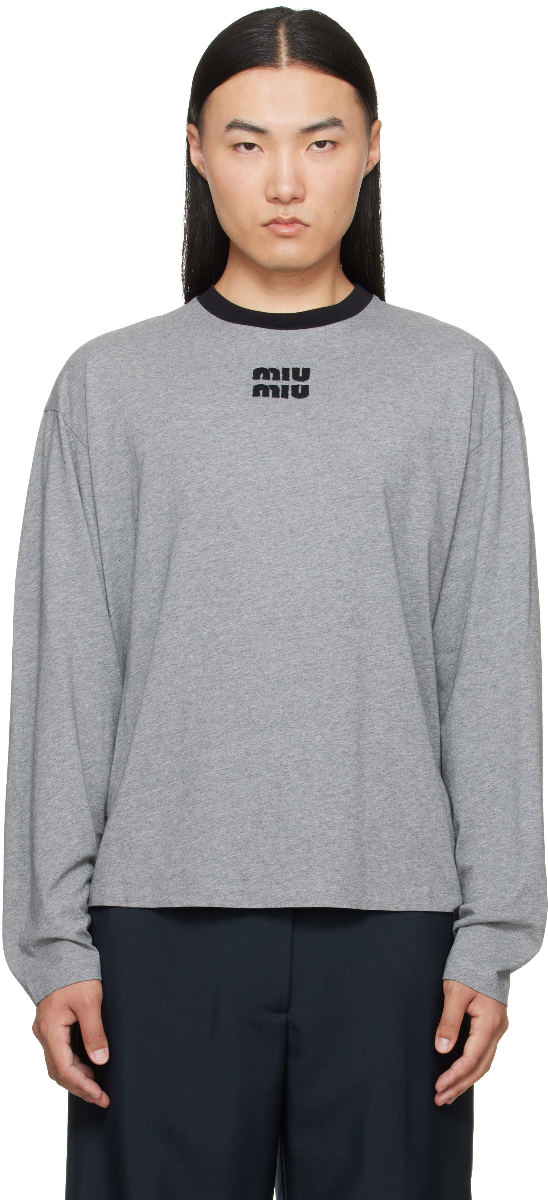 Miu Miu: Gray Long Sleeved Cotton Jersey T-shirt | SSENSE Canada