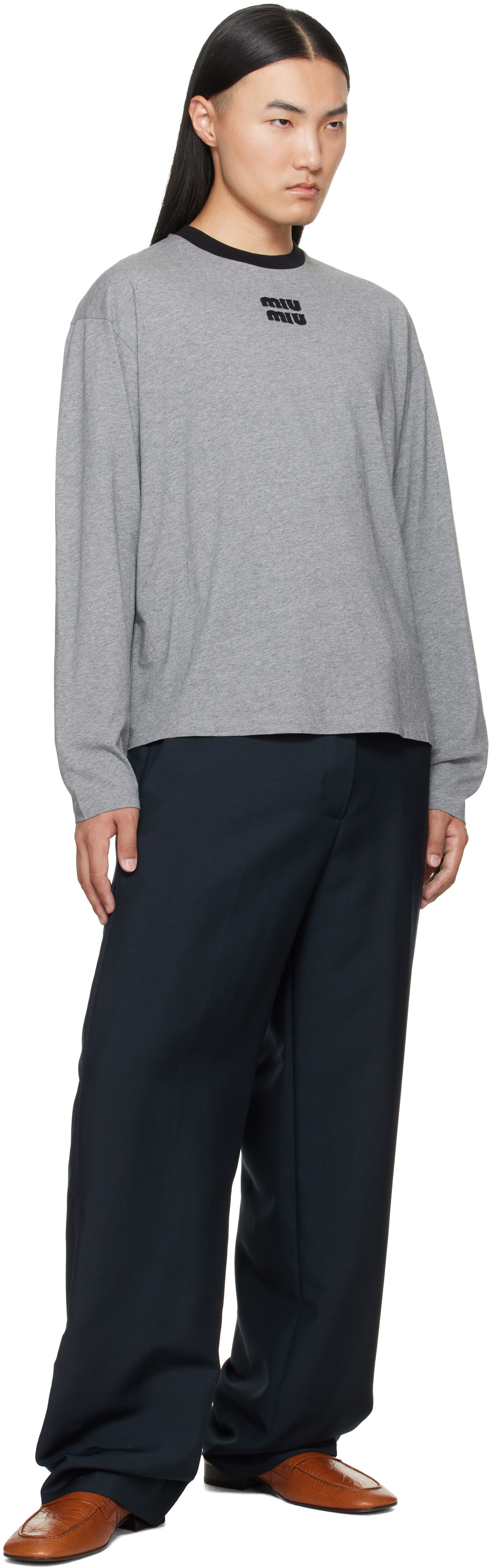 Miu Miu: Gray Long Sleeved Cotton Jersey T-shirt | SSENSE Canada