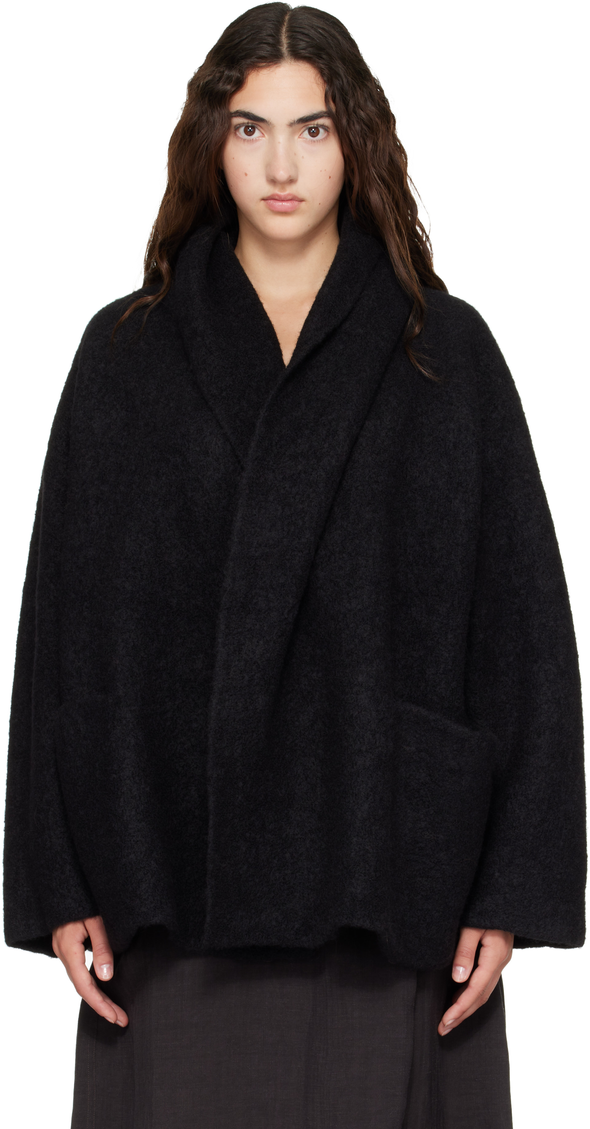 LAUREN MANOOGIAN アルパカ混 ダブルフェイスコート フーディ Lauren Manoogian: Black Double Face Coat | SSENSE