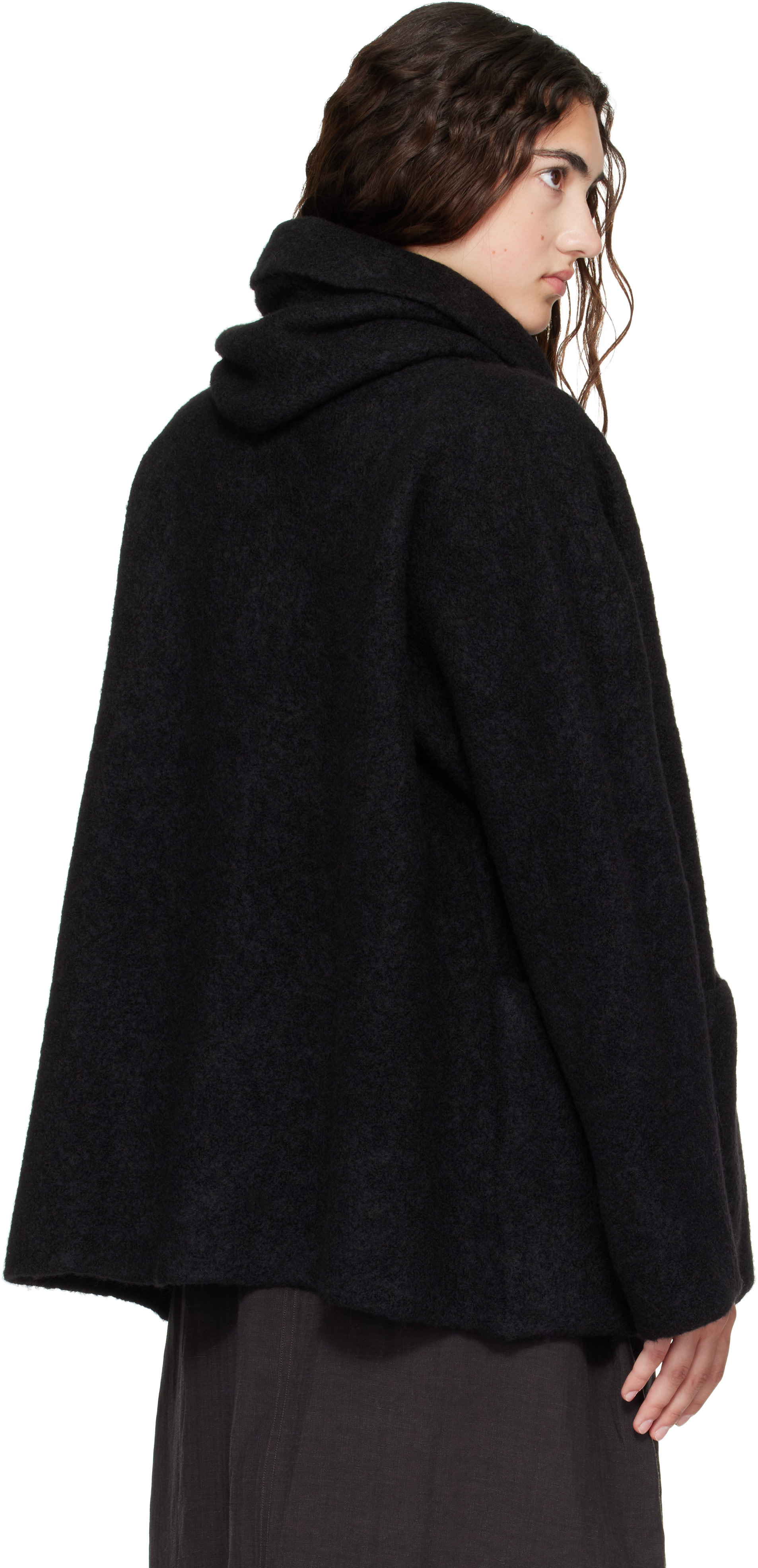 LAUREN MANOOGIAN アルパカ混 ダブルフェイスコート フーディ Lauren Manoogian: Black Double Face Coat | SSENSE