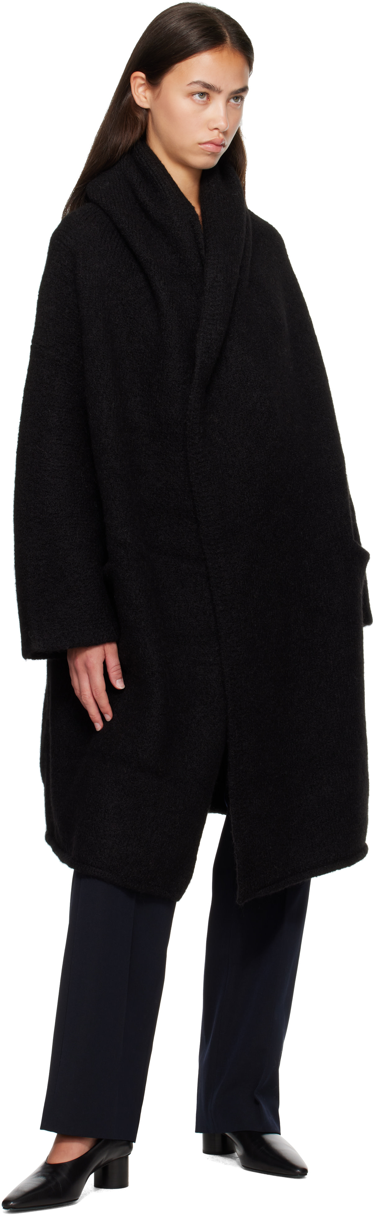 LAUREN MANOOGIAN アルパカ混 ダブルフェイスコート フーディ Lauren Manoogian: Black Capote Coat | SSENSE