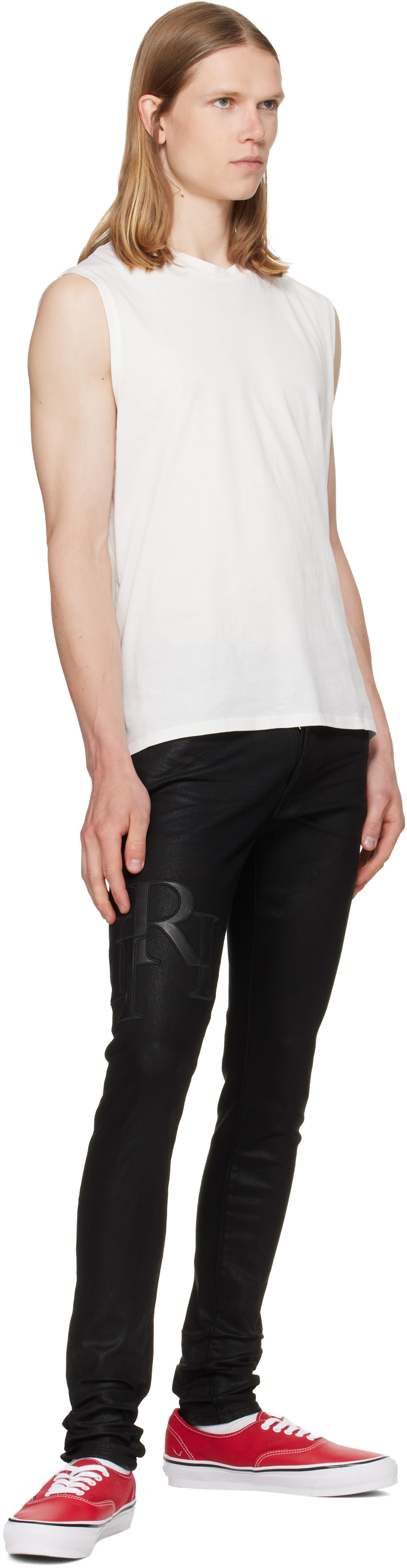Amiri ウエスト28 AMIRI: Black Waxed Staggered Logo Skinny Jeans | SSENSE