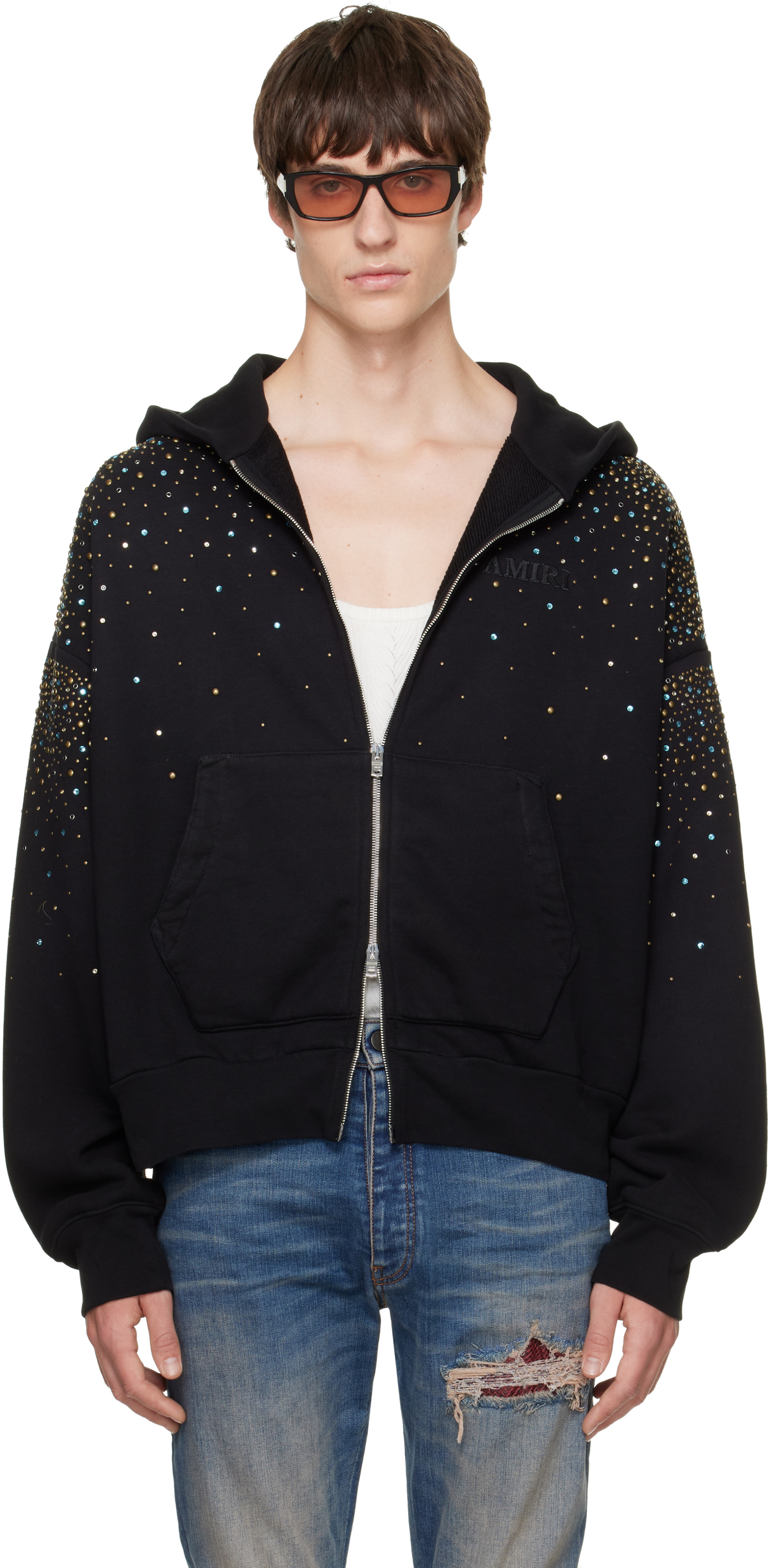 AMIRI: Black Crystals OS Zip Up Hoodie | SSENSE