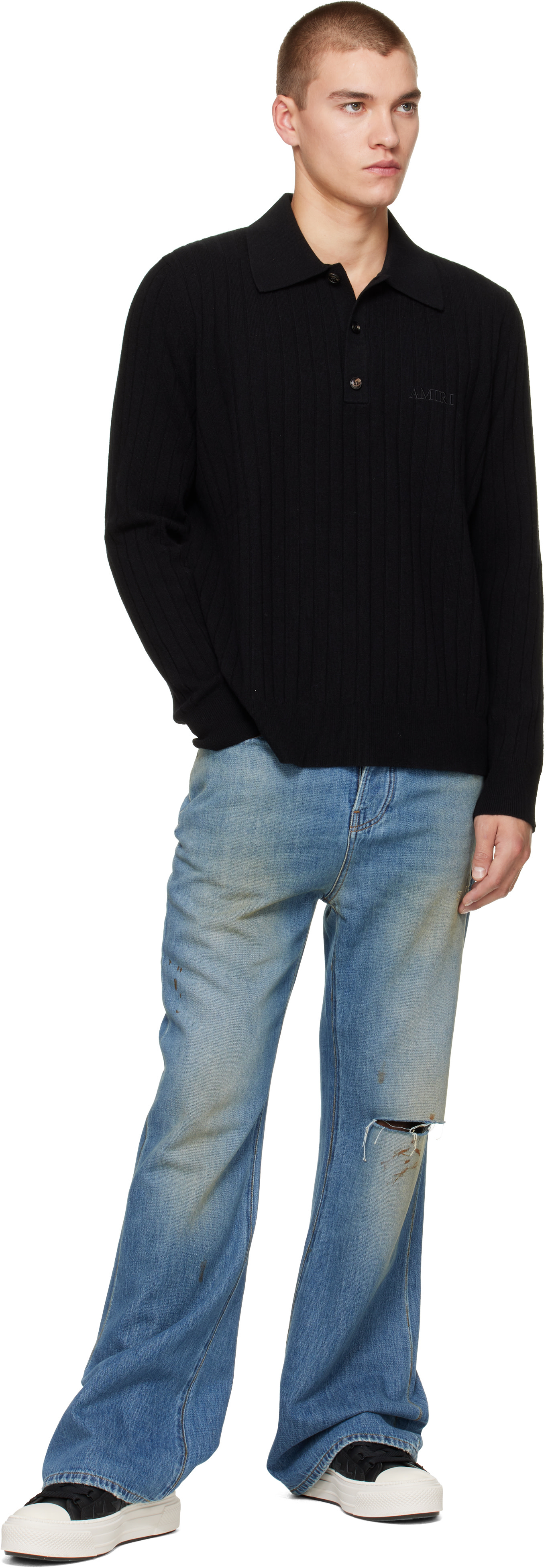 AMIRI: ブラック 'Amiri' Soft Rib ニットポロシャツ | SSENSE 日本