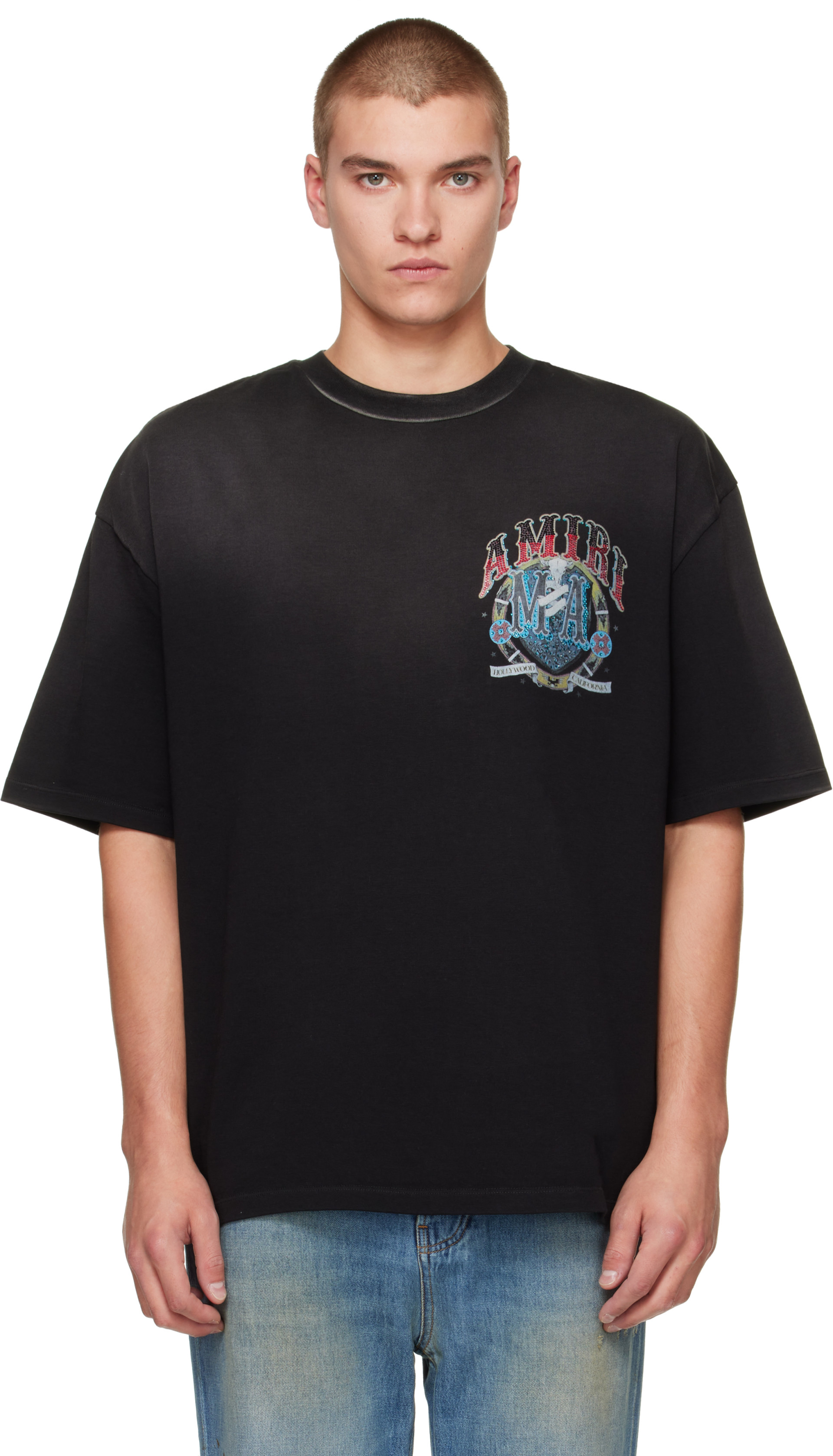 AMIRI: Black Crystal 'Amiri' Hollywood T-shirt | SSENSE Canada