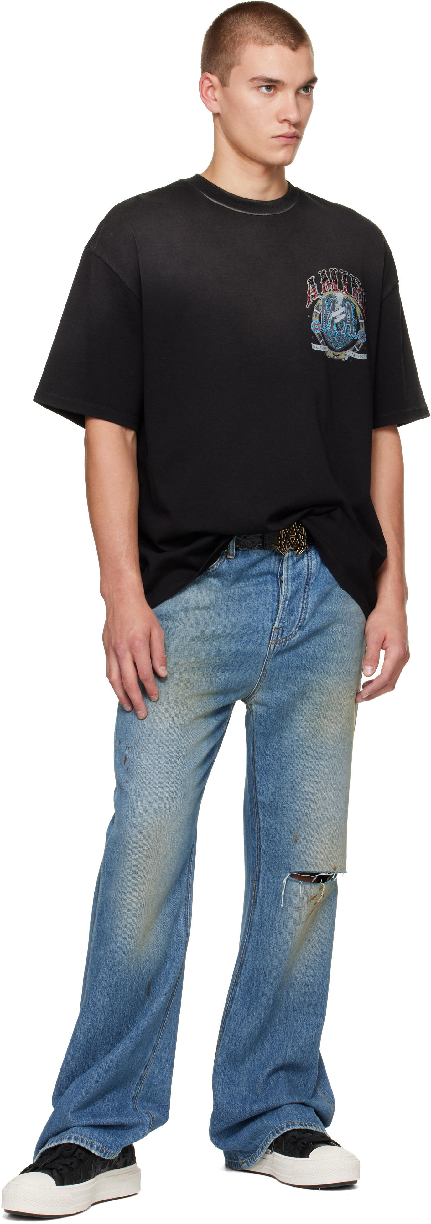 AMIRI: Black Crystal 'Amiri' Hollywood T-shirt | SSENSE