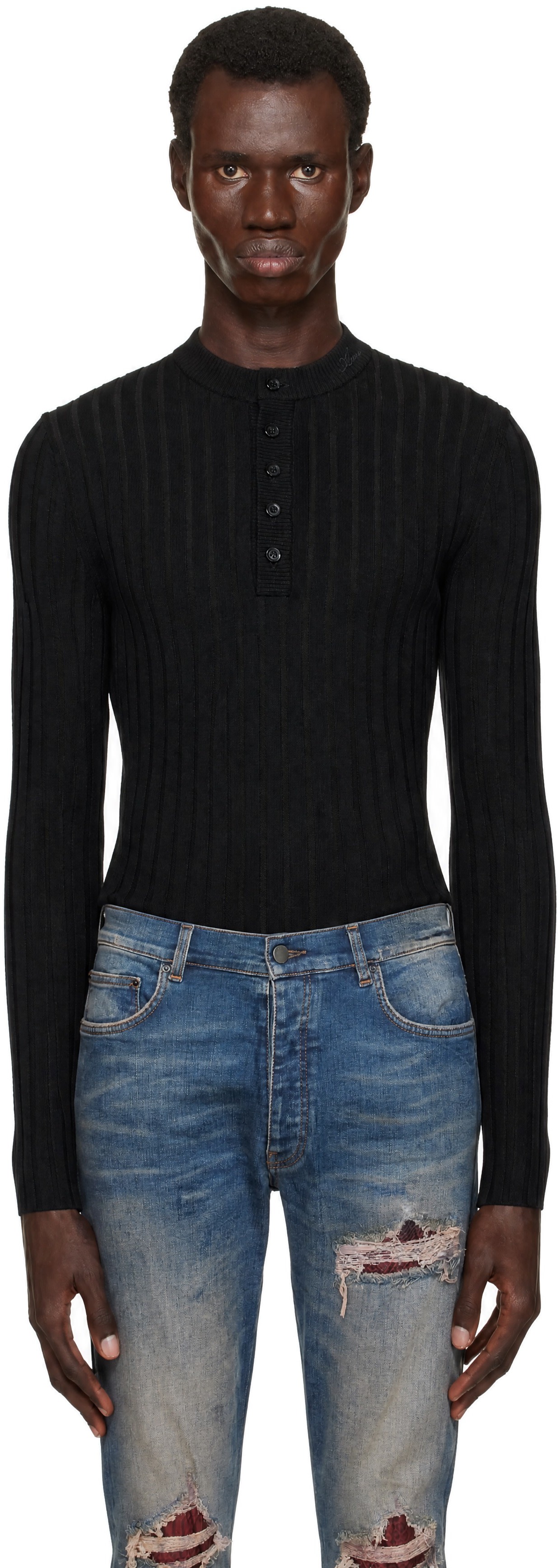 AMIRI - Black 'AMIRI' Script Knit Henley