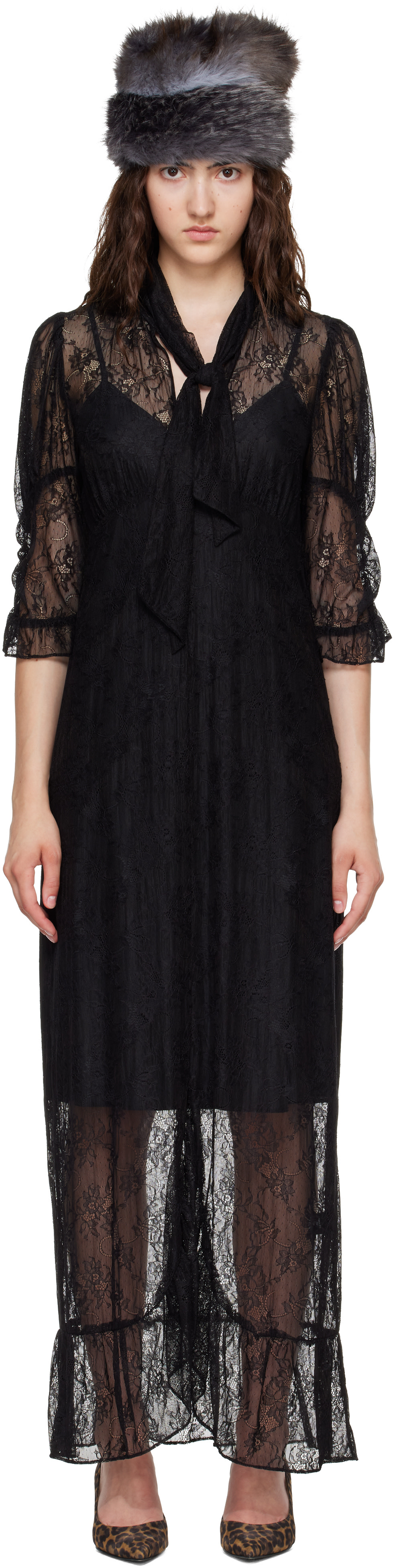 Anna Sui - Robe longue noire à écharpe à nouer