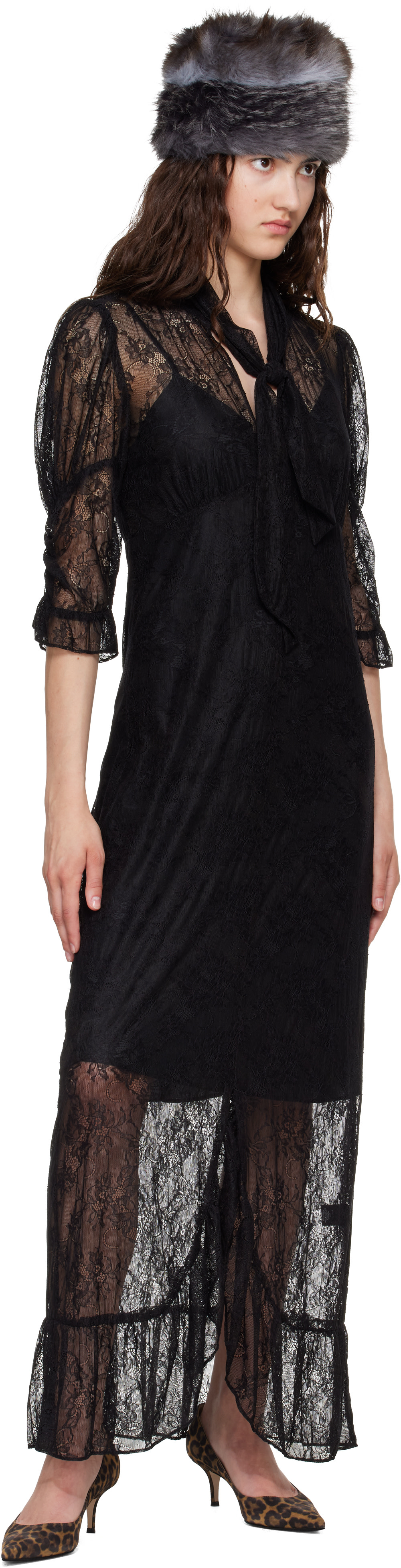 Anna Sui - Robe longue noire à écharpe à nouer