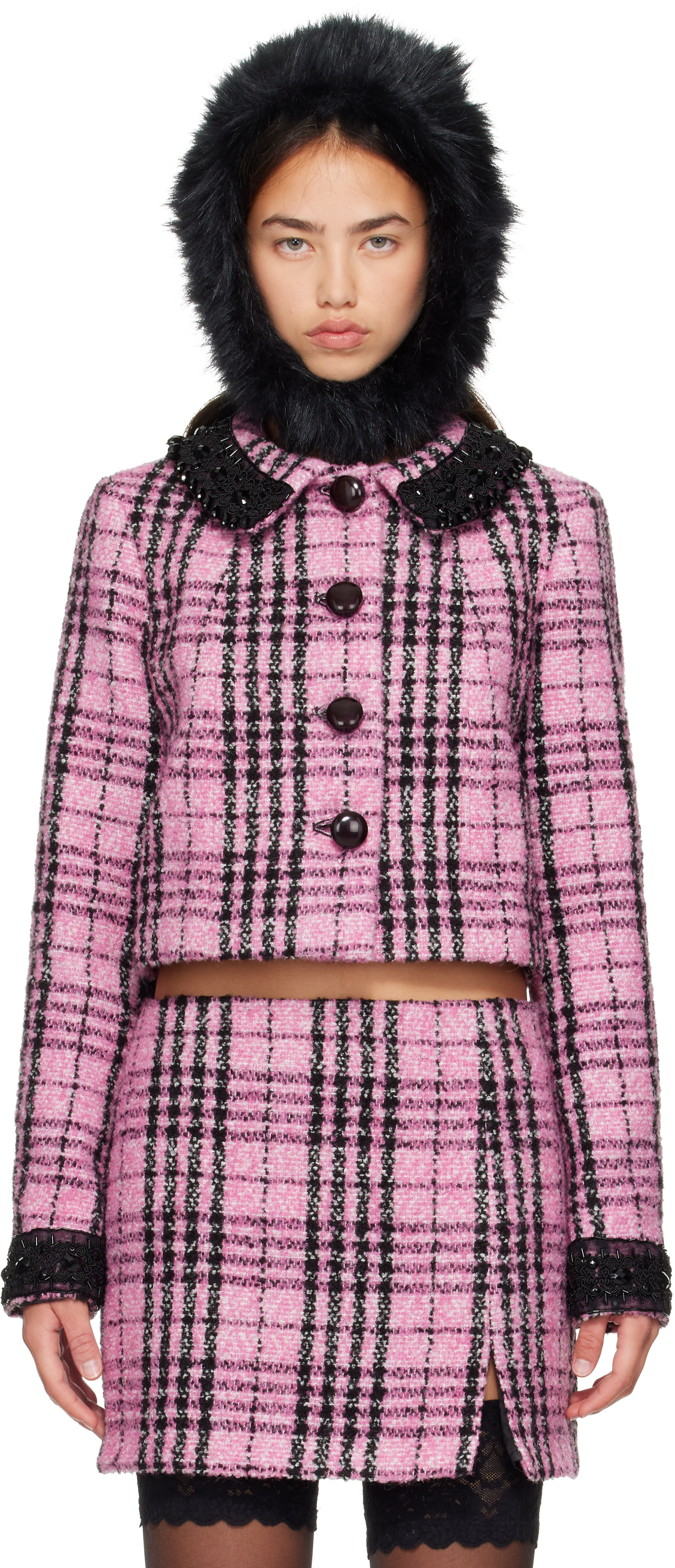 Anna Sui - 핑크 플래드 비즈 재킷