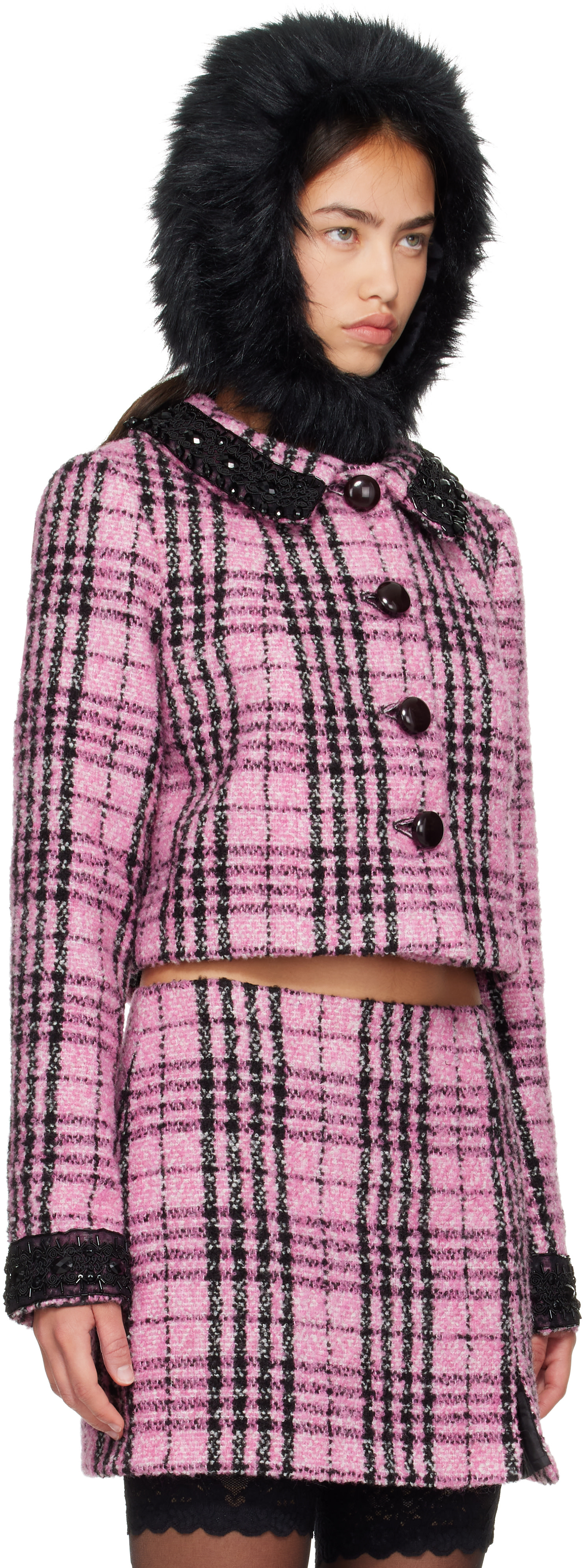 Anna Sui - 핑크 플래드 비즈 재킷