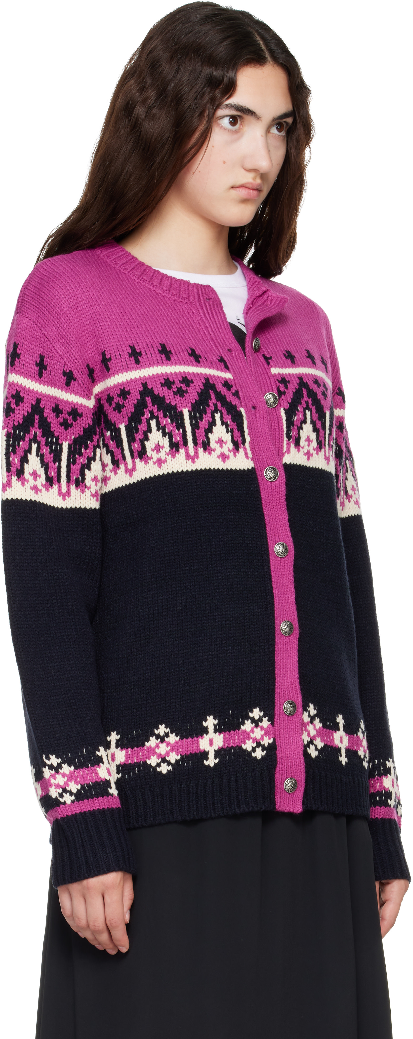 Anna Sui: Black & Purple Fair Isle Knit Cardigan | SSENSE