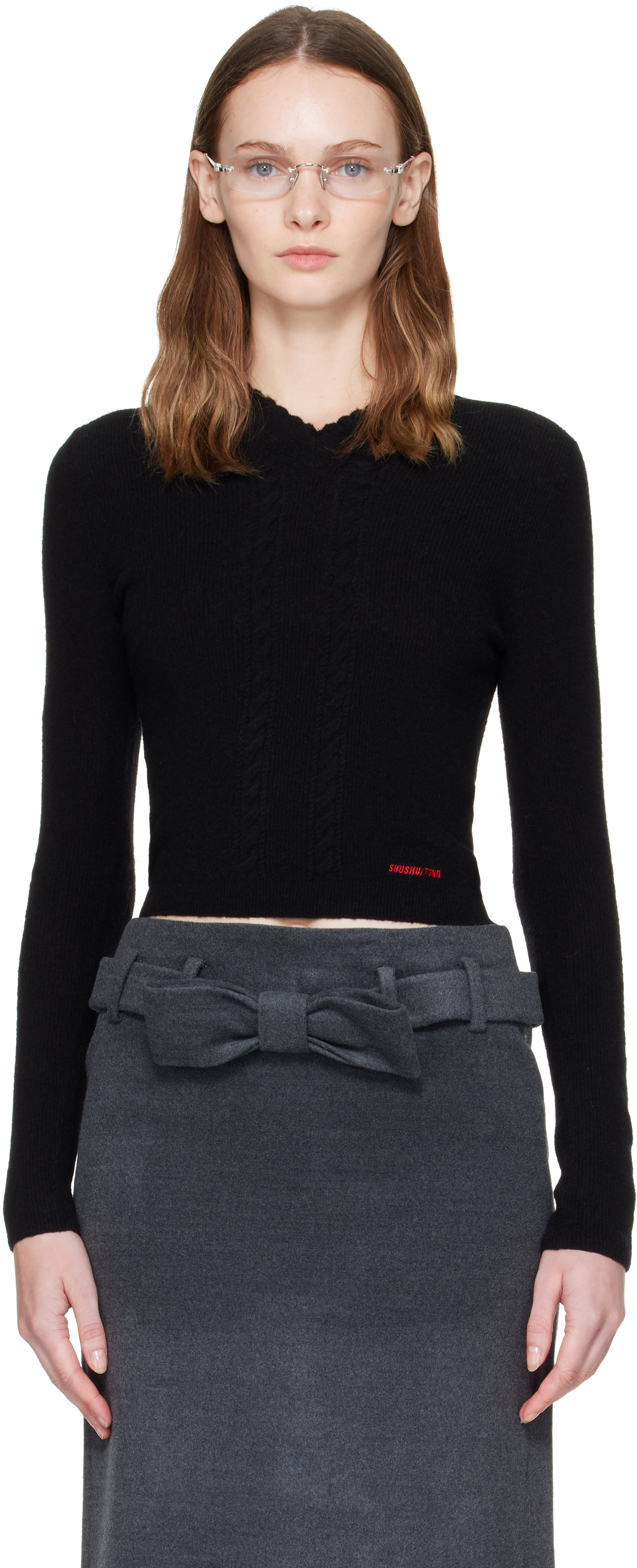 SHUSHU/TONG: Black Lace-Trimmed V-Neck Knit Sweater | SSENSE